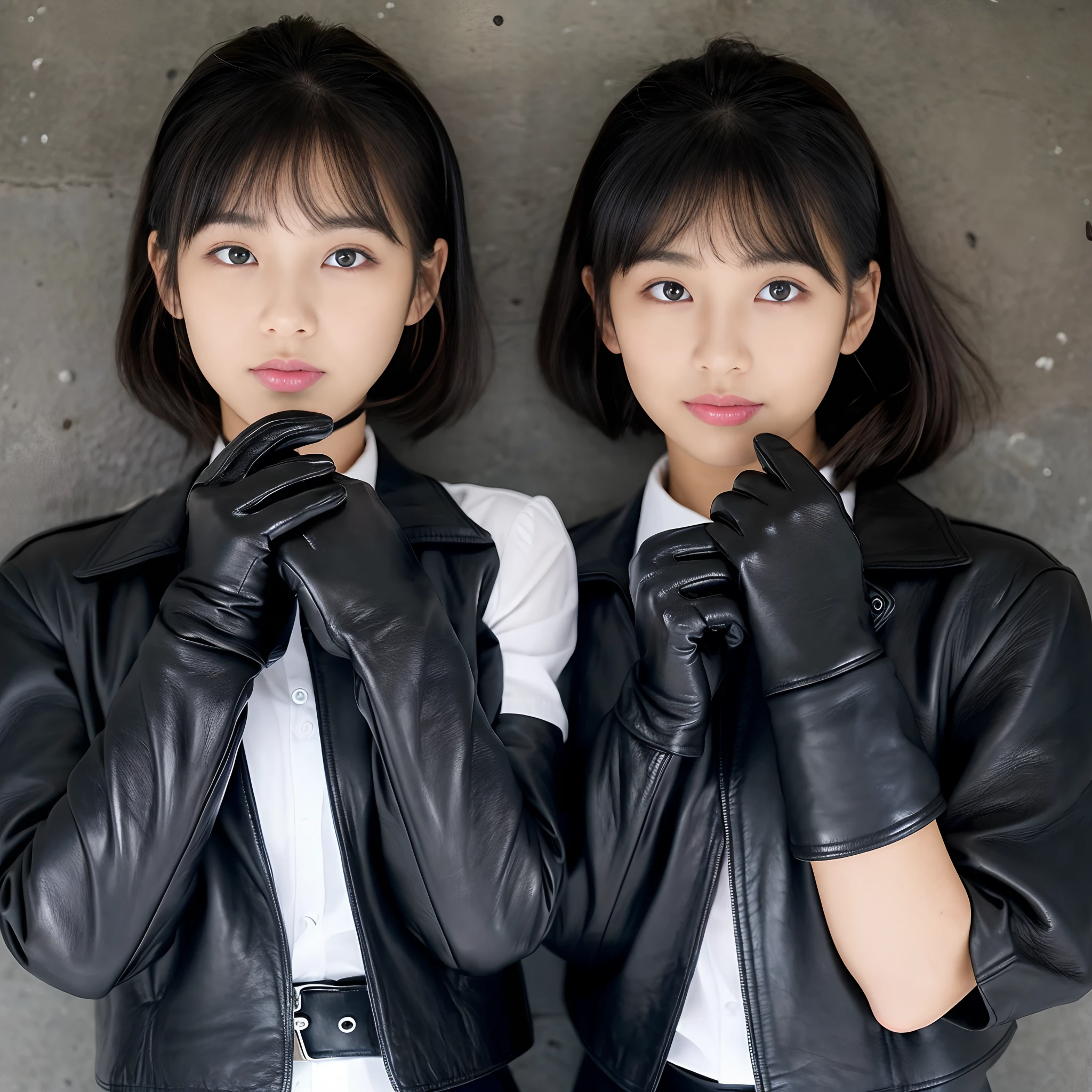 Black leather gloves on both hands、Innocent Japan high school girl Black Leather Double Rider's Jacket、(Wearing black leather gloves on both hands)、Black Leather Skinny Pants、Black Leather Knee High Long Boots(Wearing black leather gloves on both hands)