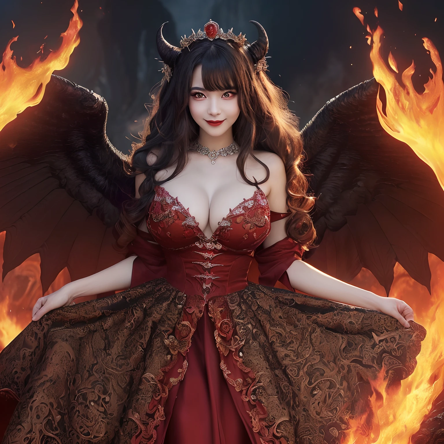 (((masutepiece、top-quality、The most complex and detailed details)))、((((eyes glowing red,Glowing red eyes,Glowing red eyes)))),((A very beautiful demon queen,Luxurious Long Dress Skirt,A detailed face,A large amount of lava flows in the background,Lava flowing in large quantities,Giant Devil Tiara,Big Princess Dresses,Final form as a complete demon,The Devil's Masterpiece,Huge and intricate demon wings,Big Devil's Horn,Realistic and big horns,Creepy horns,Wings with a very elaborate texture,Wings with a very complex texture,Creature wings with a very realistic texture,Wings of a terrifying monster,The most intricate and luxurious gothic dresses,Bright red lipstick,The most gorgeous princesses dress up with achievements,The most beautiful princesses in the world,Spooky and beautiful demons,The cutest face,Intricate and solemn black dress,The background is intricate and detailed volcanic lava, beautiful smiling face、Evil and beautiful demon,The most majestic appearance of the Demon Queen,Huge Queen Tiara,The most complex depictions of demons,Accurate reproduction of perfect demonic details,The appearance of an unimaginably gorgeous demon,The unimaginably huge and beautiful appearance of the demon)),((Lava erupts violently,Lava splashes,Glowing lava,Sea of lava,lava river,Lava flowing out in large quantities,Stand in the crater of a volcano,Realistic and complex lava)),((Most beautiful face,Half Japan and half Spanish,The happiest smile,Beautiful wavy hair,The most luxurious and intricate dresses,The biggest smile staring at the camera)),,Chest that seems to burst,A dress that tightens the waist,Slimed,Colossal tits,Emphasize body lines,Giant wings of the devil,masutepiece,8K,very intricate,ultra-detailliert