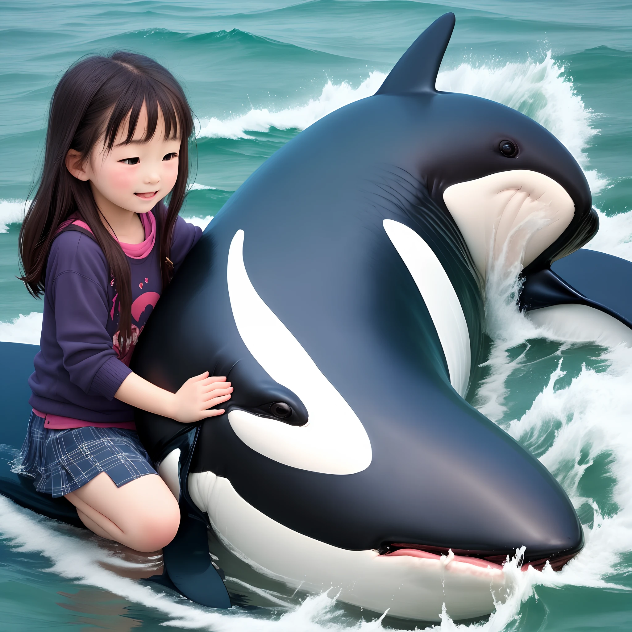 Little girl petting an orca