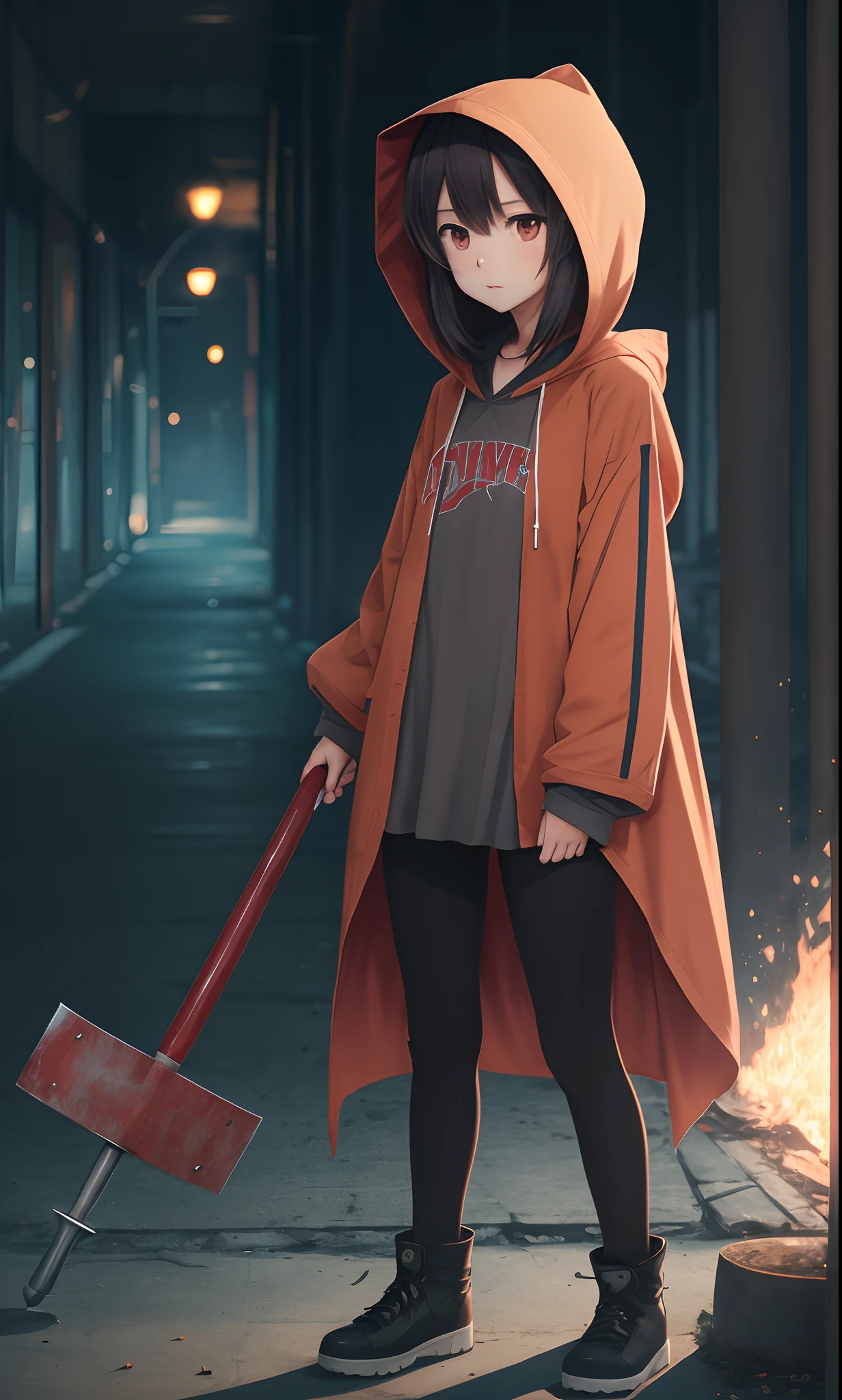 Small anime girl with a hood and a big hammer
