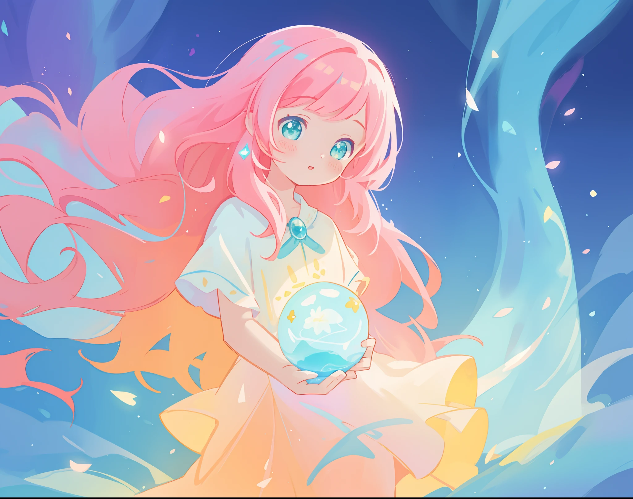 beautiful girl in flowing white dress, vibrant pastel colors, (colorful), magical lights, long flowing colorful pink hair, otherworldly aqua and blue landscape background, inspired by Glen Keane, inspired by Lois van Baarle, disney art style, by Lois van Baarle, glowing aura around her, by Glen Keane, jen bartel, glowing lights! digital painting, flowing glowing hair, glowing flowing hair, beautiful digital illustration, fantasia background, whimsical, magical, fantasy, beautiful face, ((masterpiece, best quality)), intricate details, highly detailed, sharp focus, 8k resolution, sparkling detailed eyes, liquid watercolor