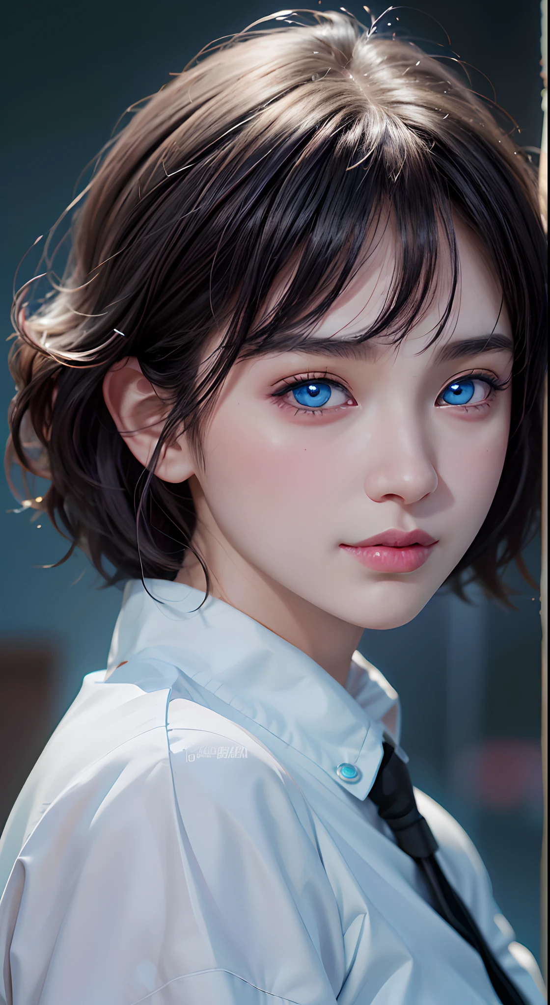 1girl,cute teen, of a woman with long black hair and a pink shirt, she has a distant expression, semi realistic anime, in an anime style, semirealistic anime style, she has black hair, in anime style, (blue eyes:1.3), blunt bangs ,Uzumaki Himawari ,realistic ultra high qualiti detail images HD photos