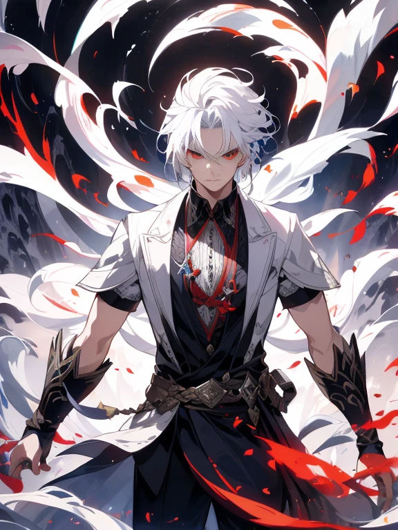 a painting that represents the essence of magic in his world, showing the white-haired, red-eyed protagonist with a mystical black mark on his neck immersed in a cascade of magical energy, with glowing particles dancing around him and arcane symbols forming in the air, masterpiece, best quality, ultra-detailed, illustration, 8k resolution concept art, fantasy art, epic art, 4K concept art wallpaper, deep color, natural lighting