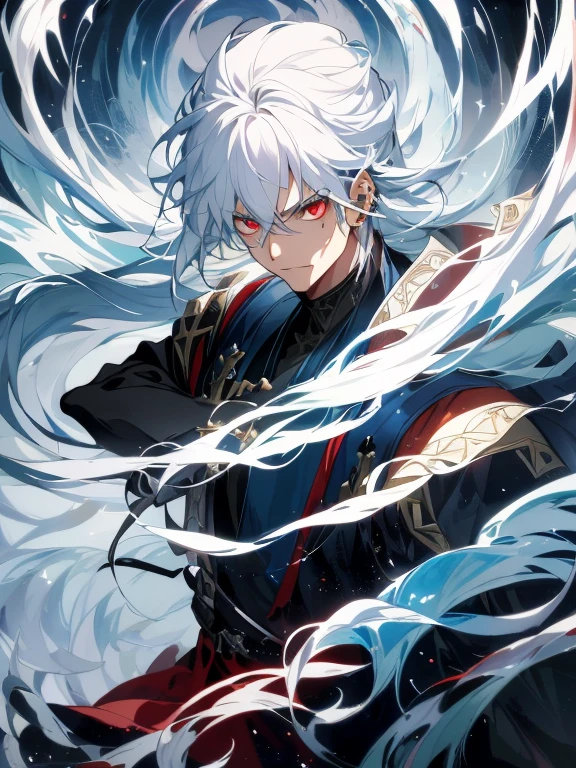 a painting that represents the essence of magic in his world, showing the white-haired, red-eyed protagonist with a mystical black mark on his neck immersed in a cascade of magical energy, with glowing particles dancing around him and arcane symbols forming in the air, masterpiece, best quality, ultra-detailed, illustration, 8k resolution concept art, fantasy art, epic art, 4K concept art wallpaper, deep color, natural lighting