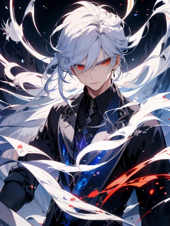 a painting that represents the essence of magic in his world, showing the white-haired, red-eyed protagonist with a mystical black mark on his neck immersed in a cascade of magical energy, with glowing particles dancing around him and arcane symbols forming in the air, masterpiece, best quality, ultra-detailed, illustration, 8k resolution concept art, fantasy art, epic art, 4K concept art wallpaper, deep color, natural lighting