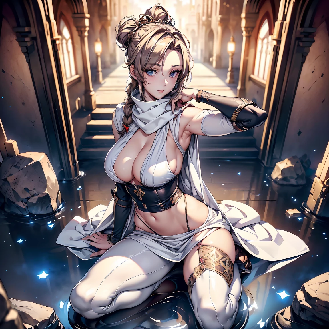a matured woman with long black hair and a white outfit, (at a rock place in a desert:1.5), (resting in oasis:1.2, holding metal water bottles:1.3, sitting with spreading legs:1.5, Yoga posing, with cross-legged:1.3, Indian style, in front of Arabic ruins:1.2), Arabic, (Post apocalyptic:0.2), from arknights, artwork in the style of guweiz, bodyesbian, fine details. girls frontline, beautiful anime illustration, from girls frontline, by Yang J, stunning, 26 years old, (milf:1.3), (solo:1.5), (sfw:1.25), sagging breast, fuge breasts, big tits, thin waist, big ass, Raised sexy, (dark mahogany medium short hair, updo, hair over one eye, asymmetric hair, Carly hair, low tied braids),(musulman, white Headscarfs, hair bands, head vandage, Turban), (ultra high resolution, 8K RAW photo, photo realistics, thin outline:1.3, clear focus), best qualtiy, natural lighting, textile shading, blurry back ground, field depth, bokeh, (Bright pupils, fine detailed beautiful eyes, high detailed face), Red lip, looking away, (dynamic angle:1.2, front view:1.2, breast focus:1.3, from above:1.1), dynamic posing, (sexy posing:1.2, leaning forward), seductive smiling, center image, (wearing white long jacket and clothes, wearing white robes, ((bare breast:1.37)), platinum ornaments, rolling white clothes around waist, camel-brown long leather boots:1.3, translucent lace pantyhose), ((correct anatomy:1.5)), ((outdoor:1.2, in a night:1.3)),