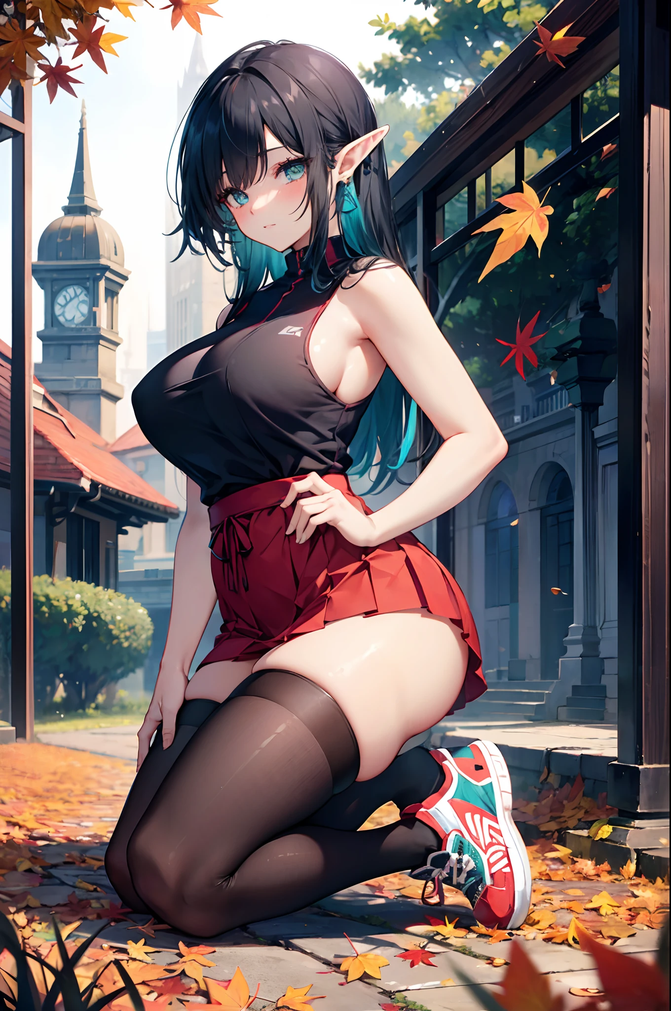 Realistic and detailed image of an elf. with a ninja costume with pleated miniskirt. stockings to mid-thigh. Sportwear sneakers. Unusually shiny long silky black hair combed to the right side. turquoise eyes. She has earrings and long eyelashes. Large breasts, slim waist, very wide hips and thick thighs. Back arched. Kneeling. Posing sensually. Autumn. falling leaves. misty night. garden next to a mansion. Volumetric light. Ambient light.