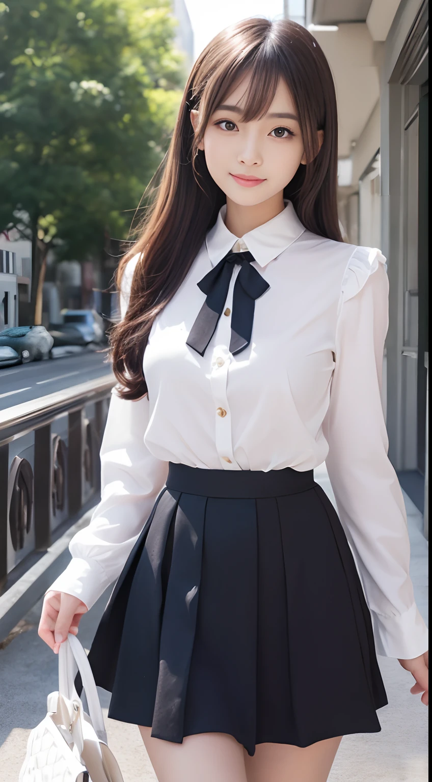 ( detailed realistic background:1), ( official art, beautiful and aesthetic:1 ), realistic lighting, cinematic lighting, hyperrealism, soothing tones, muted colors, high contrast, soft light, sharp, artistic photoshoot, ( cute, petite), slender, european, pale cheeks, square face shape with angular jaw, natural "no-makeup" makeup, wearing Bow-neck blouse with a ruffled collar and pleated front , A-Line Skirt , winter-weight pantyhose and wraparound heels , Average Height, Narrow Hips, Round Face, Dark Skin, Platinum Blonde Hair, dark brown Eyes, [[Curved Nose]],