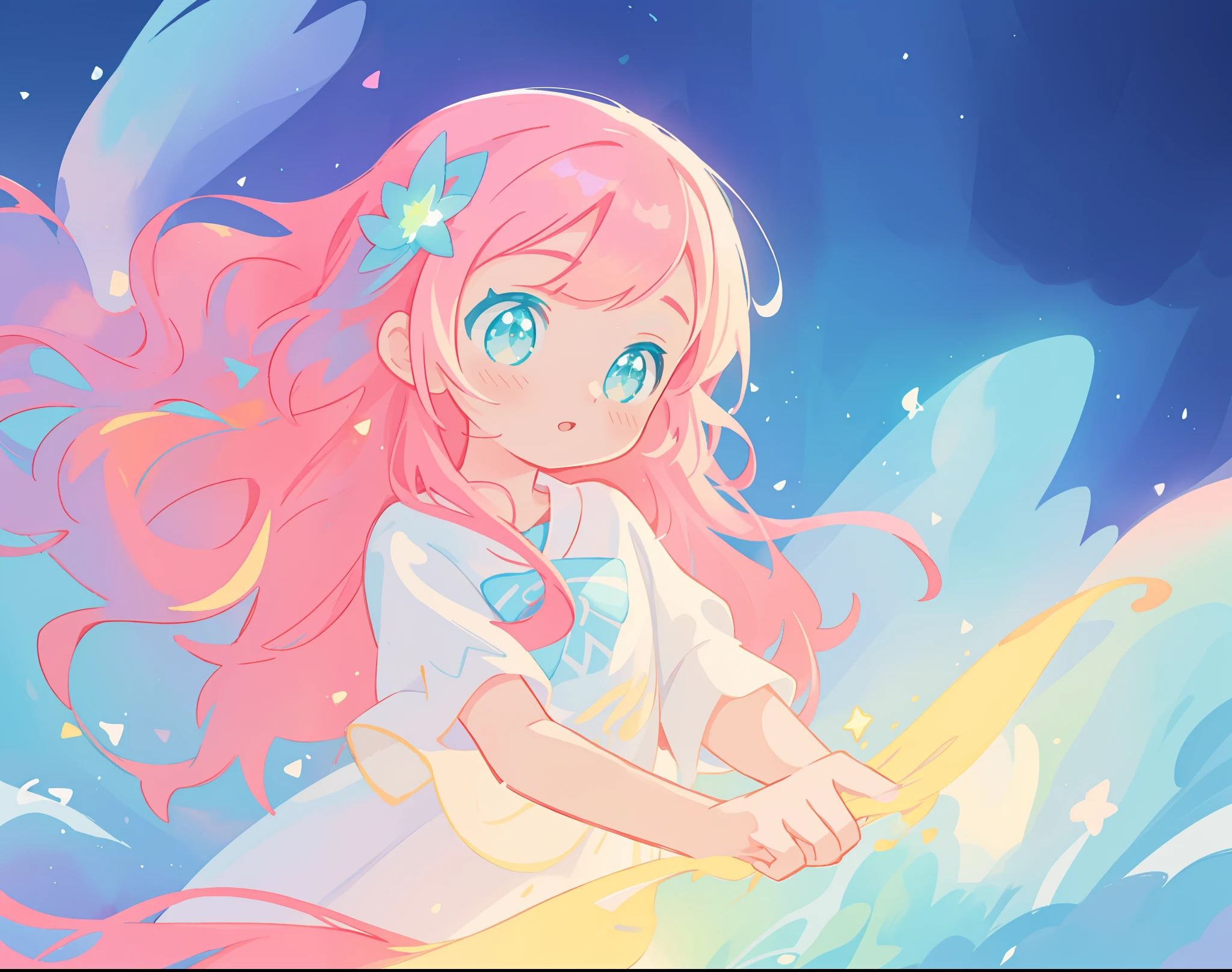 beautiful girl in flowing white dress, vibrant pastel colors, (colorful), magical lights, long flowing colorful pink hair, otherworldly aqua and blue landscape background, inspired by Glen Keane, inspired by Lois van Baarle, disney art style, by Lois van Baarle, glowing aura around her, by Glen Keane, jen bartel, glowing lights! digital painting, flowing glowing hair, glowing flowing hair, beautiful digital illustration, fantasia background, whimsical, magical, fantasy, beautiful face, ((masterpiece, best quality)), intricate details, highly detailed, sharp focus, 8k resolution, sparkling detailed eyes, liquid watercolor