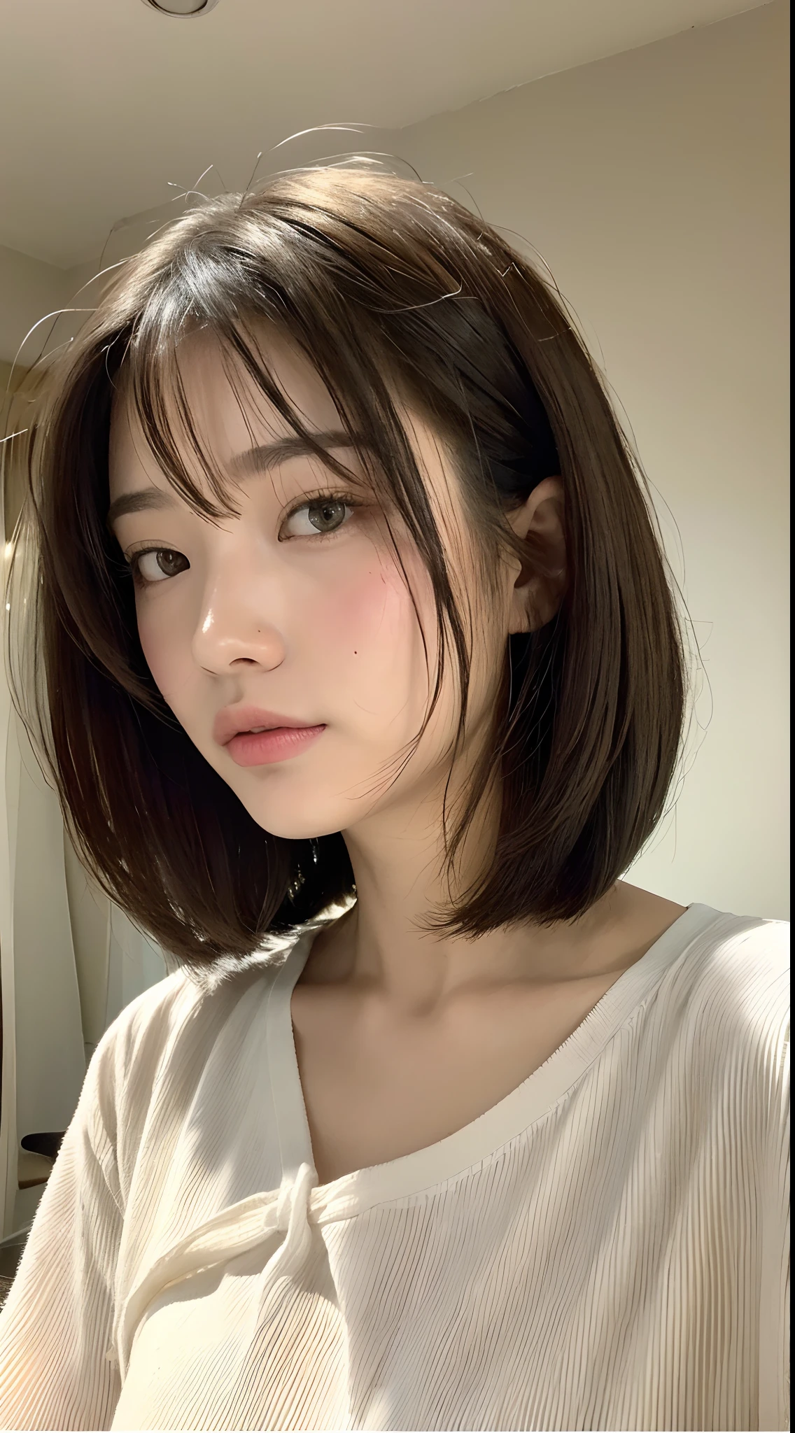 photorealistic, Photography ,BREAK, short hair woman, taking a (selfie:1.5) , (white T-shirts and denim pants), on the sofa in simple bedroom , white background, (short hair), BREAK, 8k , LAW , best-quality, masterpiece, hyper realistic detail shiny skin , natural shading , realistic shadow, BREAK (hyper realistic detail shiny skin, detailed skin, detailed hair, ultra sharpness, intricate details), perfect anatomy