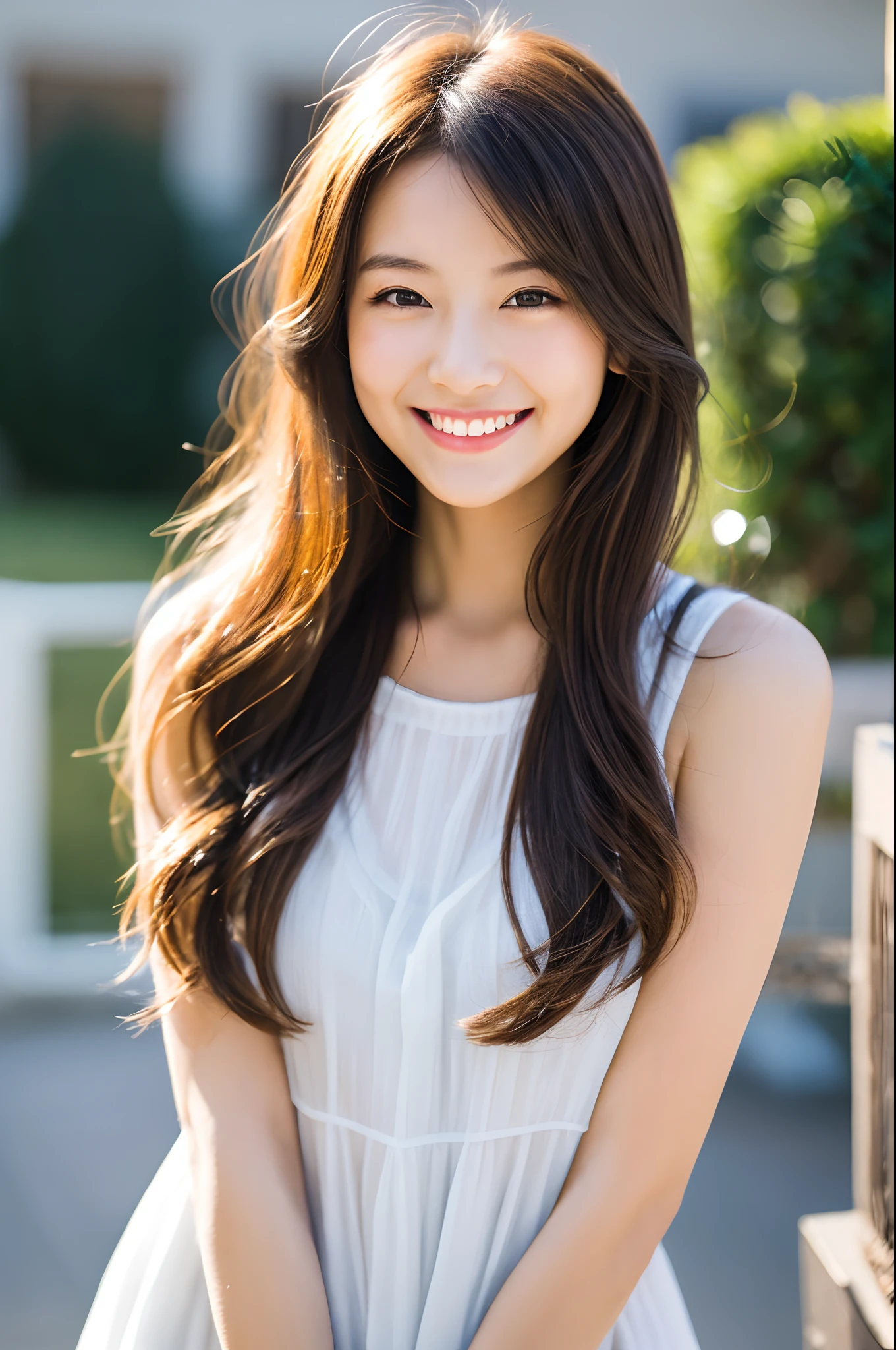 Japanese ),((beautiful girl)),cleavage,An expression that imagines something pleasant:1.2,(perfect body beauty:1.2),((perfect body)),(shy smile),beautiful teeth,