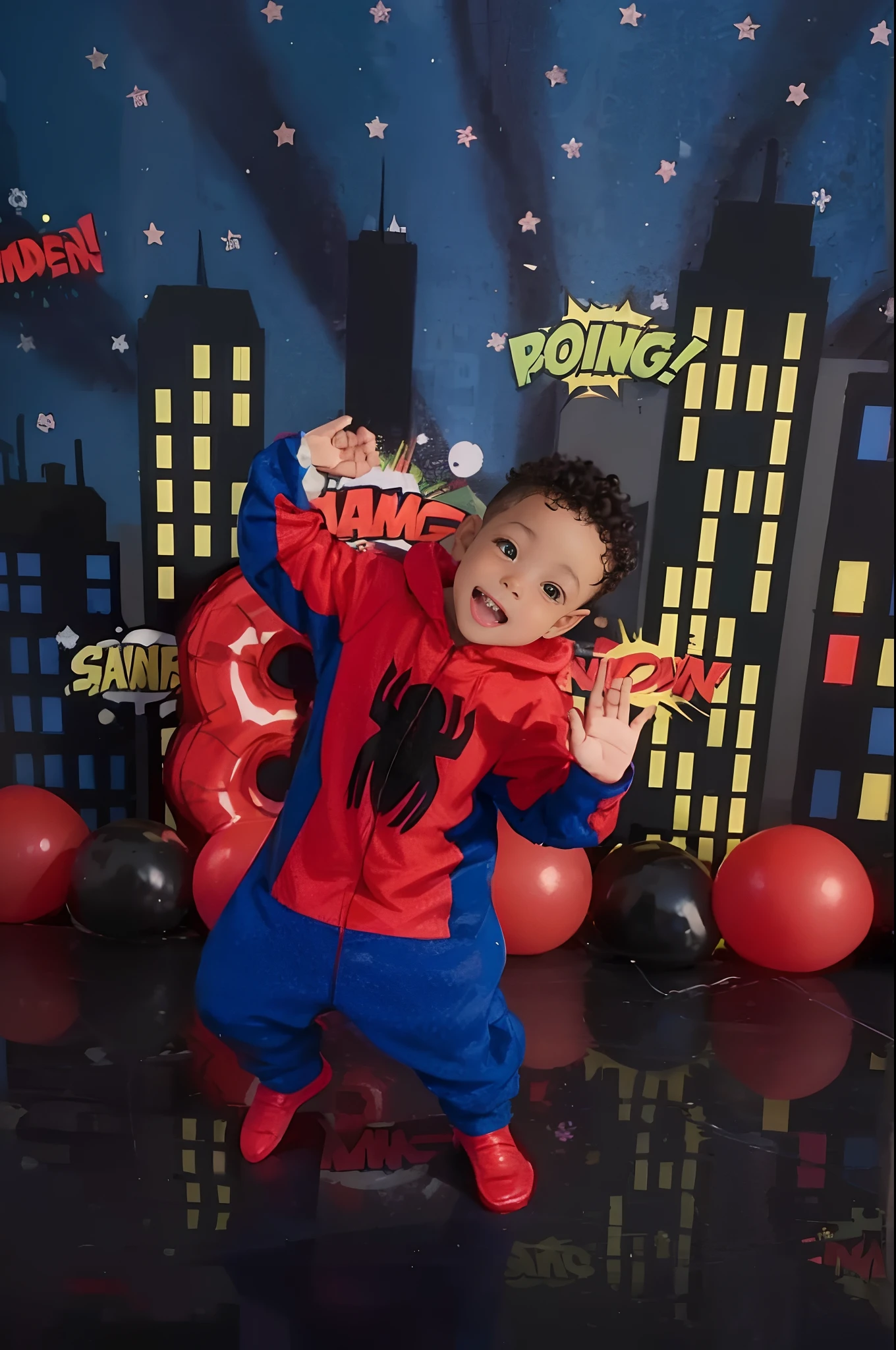 3 year old boy wearing a spiderman jumpsuit with black background with buildings drawn the boy is brunette with curly hair