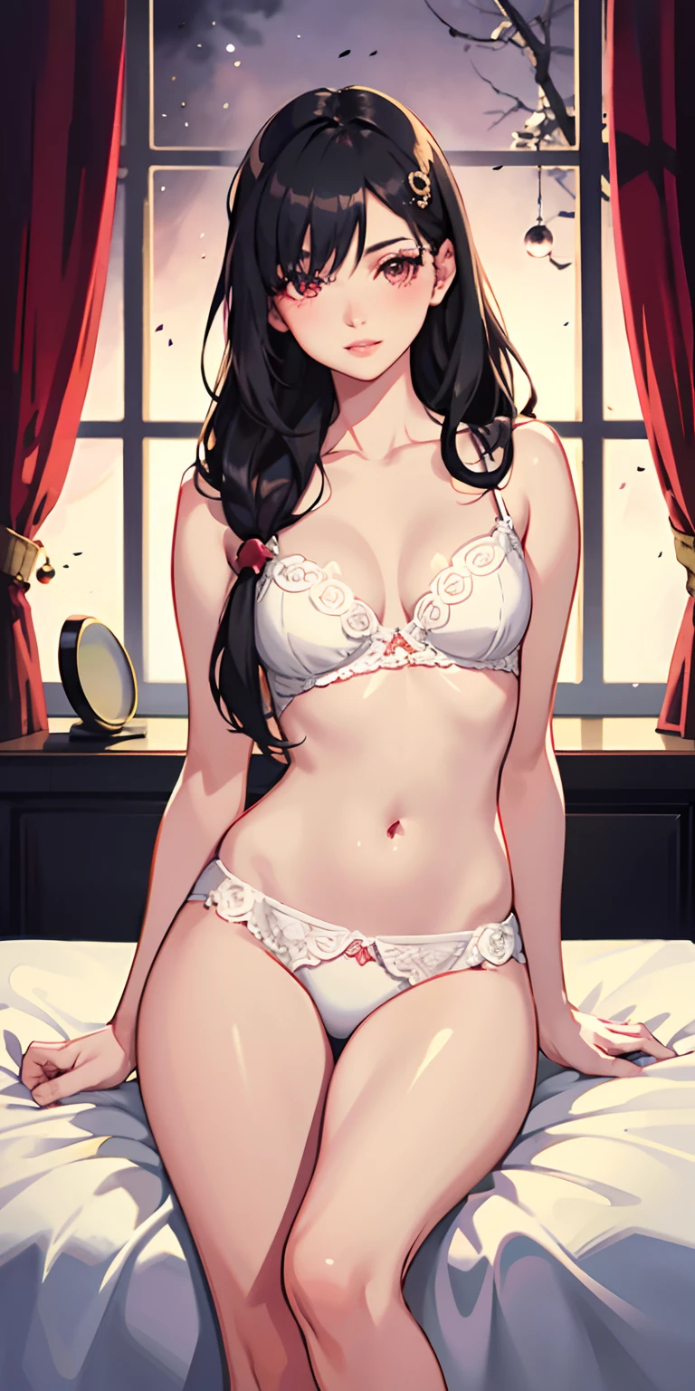 realistic, 1girl, hair over one eye, parted lips, blush, makeup, light smile, pajamas, glow, thighs, red eyes, collarbone, narrow waist, bedroom, window, moon, on side, (masterpiece), television, wallpaper, moonlight, underwear,