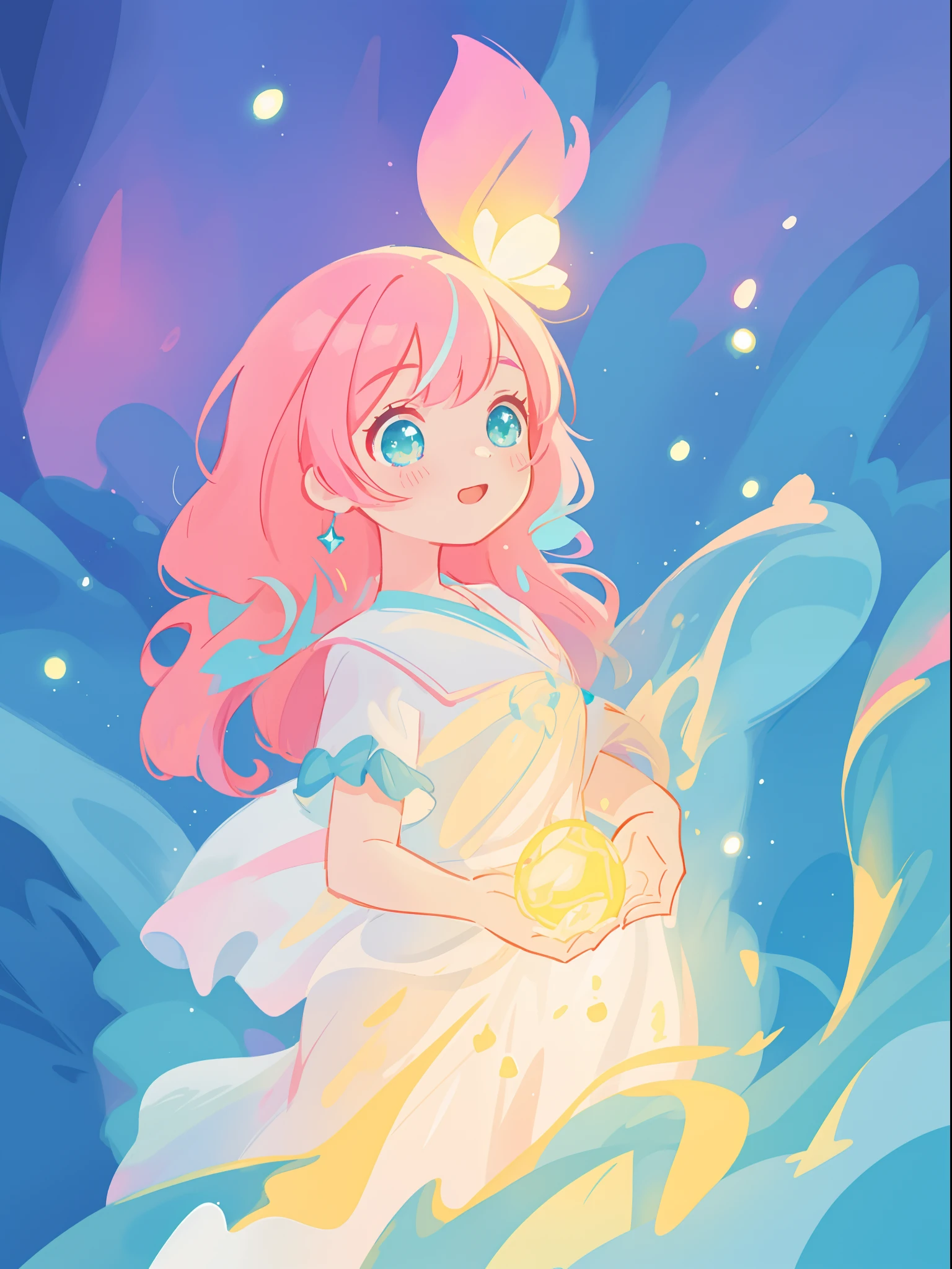beautiful girl in flowing white dress, vibrant pastel colors, (colorful), magical lights, long flowing colorful pink hair, otherworldly aqua and blue landscape background, inspired by Glen Keane, inspired by Lois van Baarle, disney art style, by Lois van Baarle, glowing aura around her, by Glen Keane, jen bartel, glowing lights! digital painting, flowing glowing hair, glowing flowing hair, beautiful digital illustration, fantasia background, whimsical, magical, fantasy, beautiful face, ((masterpiece, best quality)), intricate details, highly detailed, sharp focus, 8k resolution, sparkling detailed eyes, liquid watercolor
