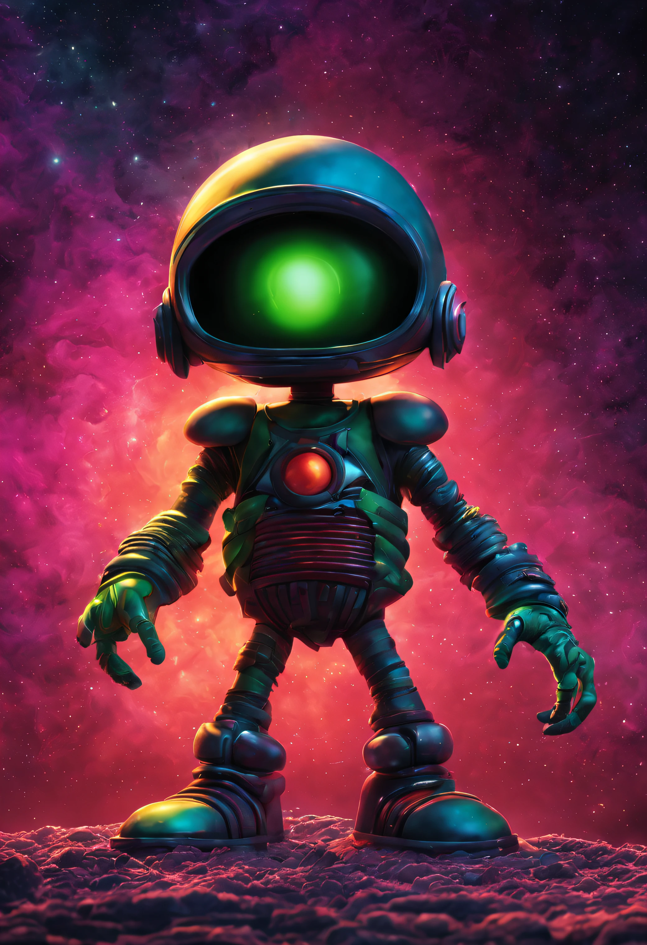 Cosmic alien life, MARVIN THE MARTIAN CARTOON CHARACTER  glowing light eyes, Biomechanical, eerie, Creepy, nightmarish, Very bright colors, Light particles, with light glowing, Mshiff, UHD, Comics cover, Cover art