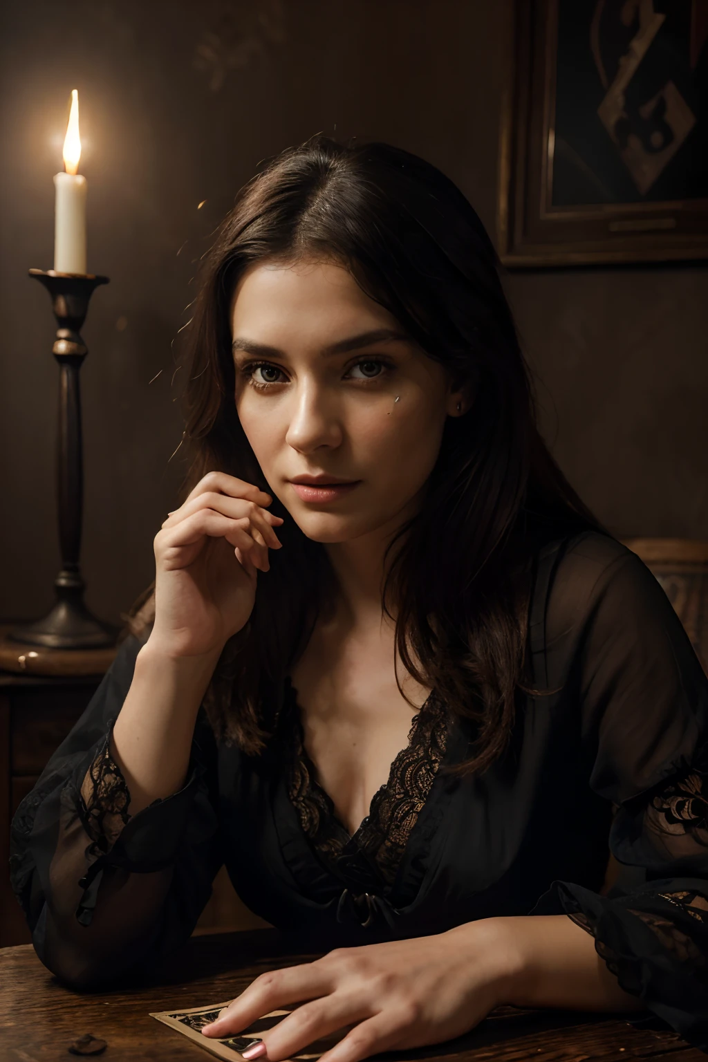 28-year-old woman, European citizen, realistic and detailed facial features, intense gaze, examining tarot cards on a wooden table, dimly lit room, candlelight casting shadows, vibrant colors, fine brush strokes, high resolution, professional rendering, mystical and intriguing atmosphere, antique tarot cards, intricate symbols and patterns, vintage clothing, lace details, flowing gown, rustic surroundings, wooden furniture, mystical aura, mysterious expression, mystical artwork. (best quality,highres,realistic,ultra-detailed),portrait,dark lighting,rich colors,vintage fashion,vivid details,hidden symbols,enigmatic ambiance,artistic interpretation.