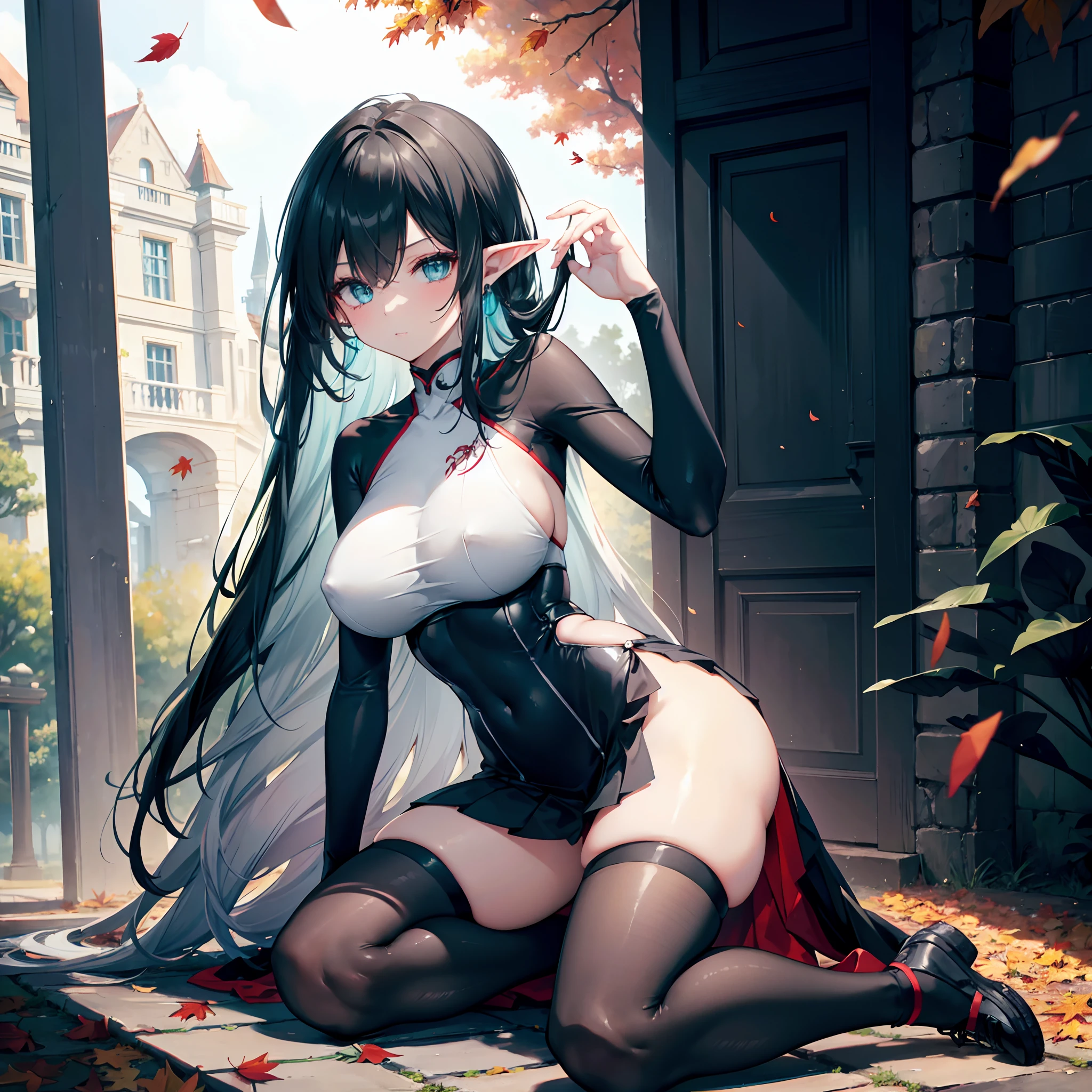 Realistic and detailed image of an elf. with a ninja costume with pleated miniskirt. stockings to mid-thigh. Sportwear sneakers. Unusually shiny long silky black hair combed to the right side. turquoise eyes. She has earrings and long eyelashes. Large breasts, slim waist, very wide hips and thick thighs. Back arched. Kneeling. Posing sensually. Autumn. falling leaves. misty night. garden next to a mansion. Volumetric light. Ambient light.