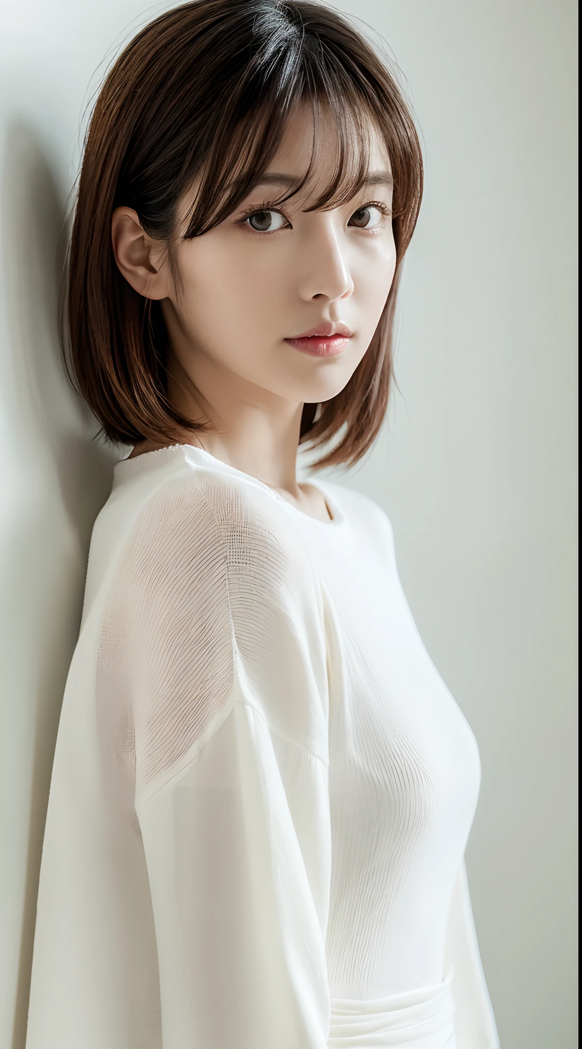 ((masterpiece,top-quality)), (photographrealistic:1.4),((masutepiece,8K)),hight resolution,Studio Soft Light, Rim Lights, vibrant detail, realistic skin textures,Japanese, 1 beautiful woman, bob Hair, faint thin bangs, make - up, 34 years old, Detailed skin, long-sleeve tunic blouse, wide-leg pants, Standing, White background, White Room,white walls, fully body photolooking at viewer