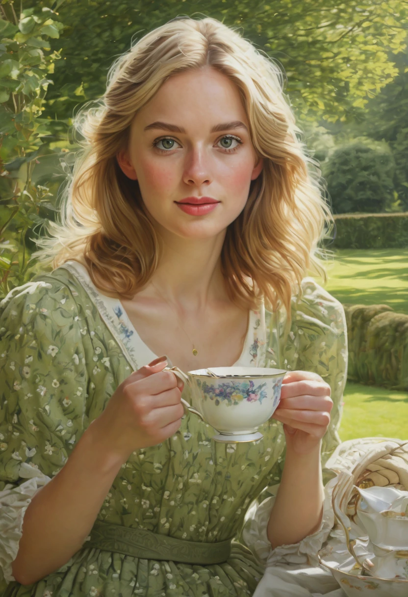 (best quality,4k,8k,highres,masterpiece:1.2),ultra-detailed,(realistic,photorealistic,photo-realistic:1.37),an oil painting of a girl drinking a hot cup of tea, in England,beautiful detailed eyes,beautiful detailed lips,extremely detailed eyes and face,longeyelashes,vivid colors,sharp focus,studio lighting,classic portrait style,lifelike,traditional oil rendering,authentic English teacup,country garden scenery,green meadows in the background,fine brushwork,rich texture and depth,subtle play of light and shadow,tranquil atmosphere,blooming flowers with delicate petals,sunlight filtering through the trees,war,comforting warmth,relaxed and serene expression,Northern English brick house in the distance,peaceful scene,meticulous attention to every detail,subtle blush on the girl's cheeks and nose,breathtaking level of realism.