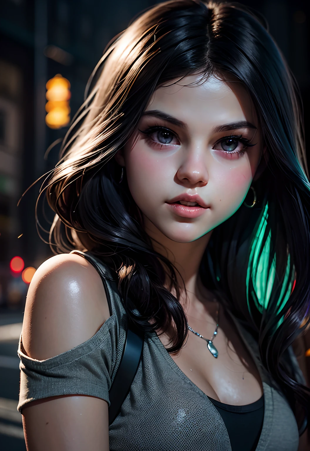 masterpiece, best quality, half body, portrait, night city, 1girl, ((Selena Gomez)), anime, 3D, pixar, realistic,  girl, smiling, cute face, harajuku fashion style, rain coat, mini top, sexy top, very small top, jeans short, mini short, thigh clothes, beautiful, colourful, neon lights, cyberpunk, smooth skin, illustration, artstation, painting by stanley artgerm lau, sideways glance, foreshortening, extremely detailed 8K, smooth, high resolution, ultra quality, highly detail eyes, highly detail mouth, highly detailed face, perfect eyes, both eyes are the same, true light, glare, Iridescent, Global illumination, real hair movement, real light, real shadow, real face, hd, 2k, 4k, 8k, 16k, realistic light, realistic shadow, bright Eyes, fluorescent eyes, soft light, dream light