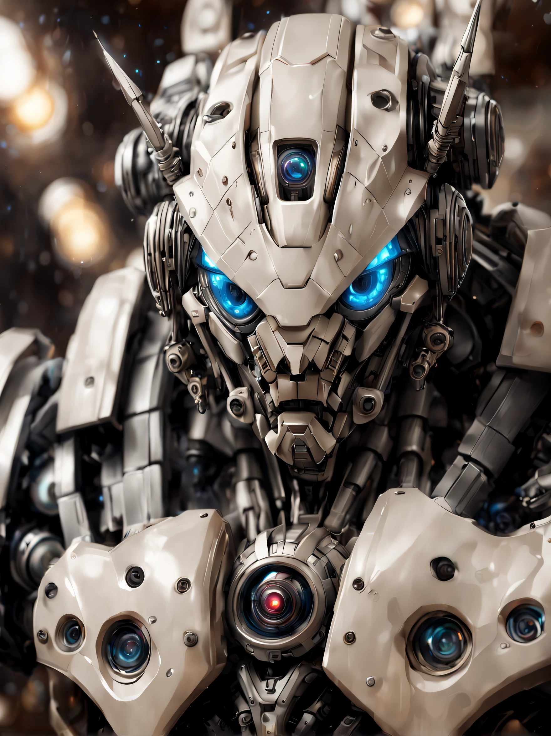 full_body, 1man, mecha, glowing blue eyes, cute, biomechanical, complex robot, interior spaceship background in bokeh, hyper realistic, hyper detailed, intricate, insane fine details, crisp focus