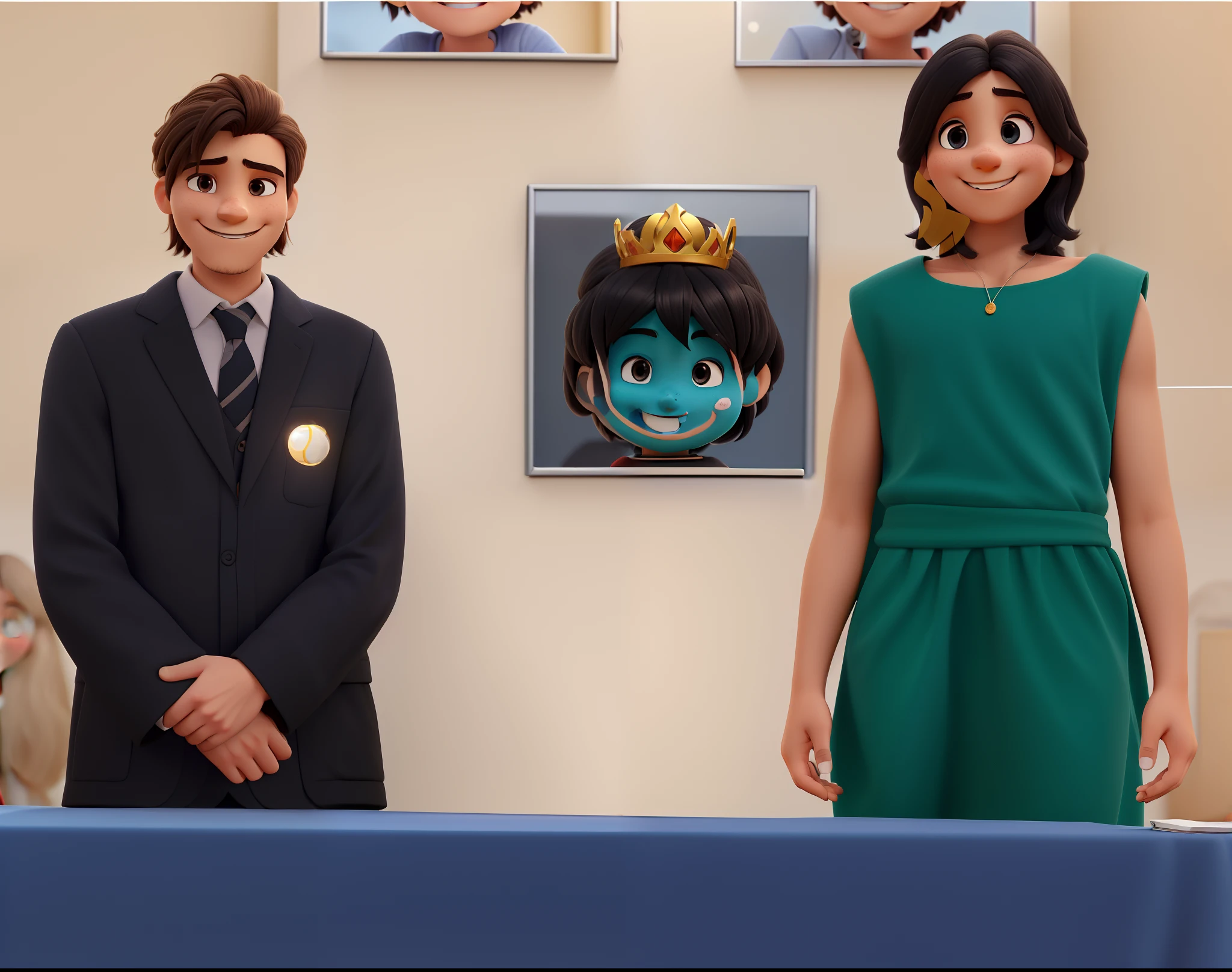 Um homem sorridente com cabelo recuado em U ( little hair on the head) e olhos claros, He is accompanied by a young woman next to dark shoulder-length hair and light eyes, Also smiling. They are presenting a lecture for people with physical disabilities
