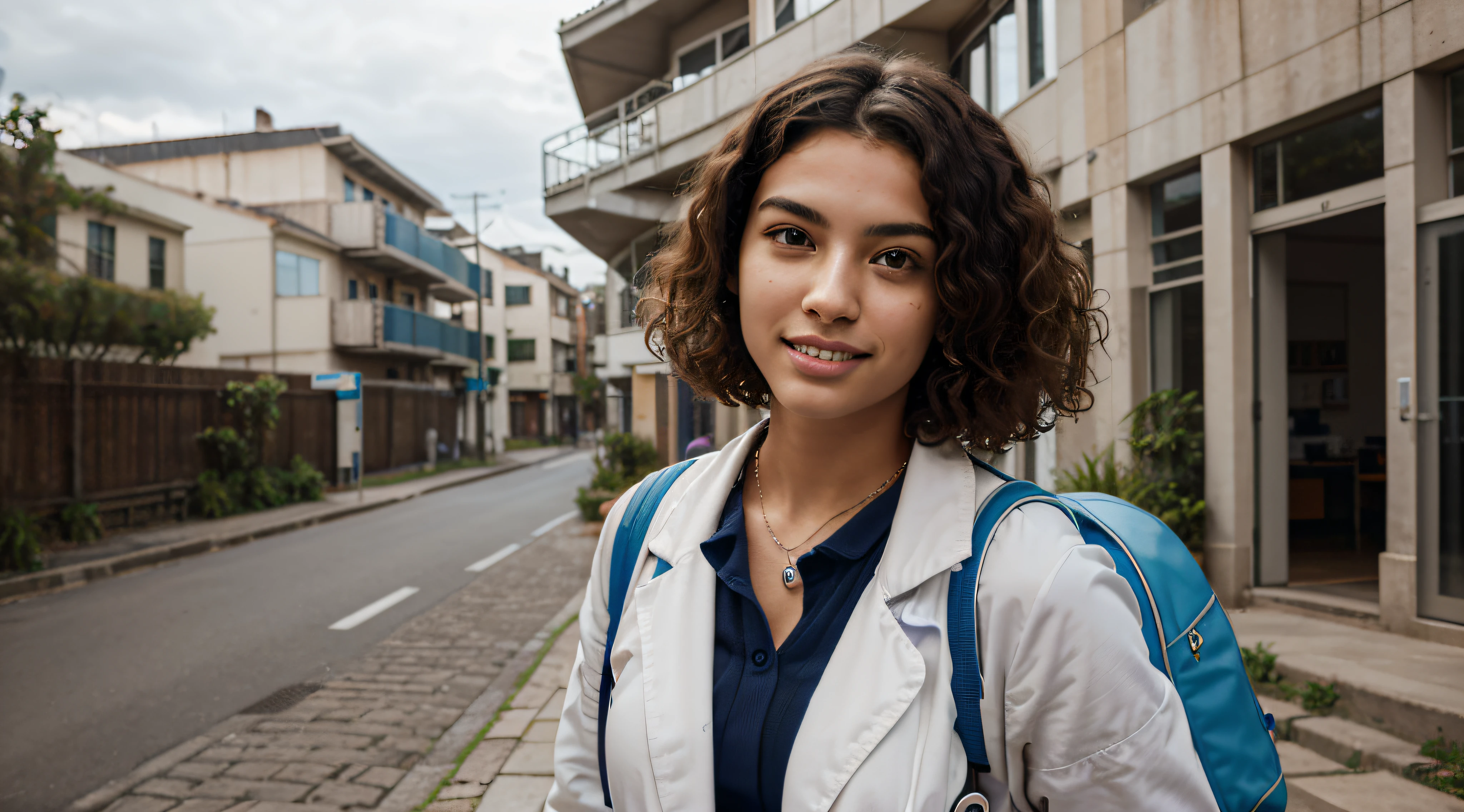 Create a prompt that generates an image of a medical student with Brazilian features. The model should be mulatta, with curly hair, wearing a white coat and a blue backpack on her back. Ensure the inclusion of curly hair, without a stethoscope. Ensure realistic lighting, with white and aligned teeth, and add the university campus in the background of the image to create an authentic environment. Please make the image as realistic as possible.
