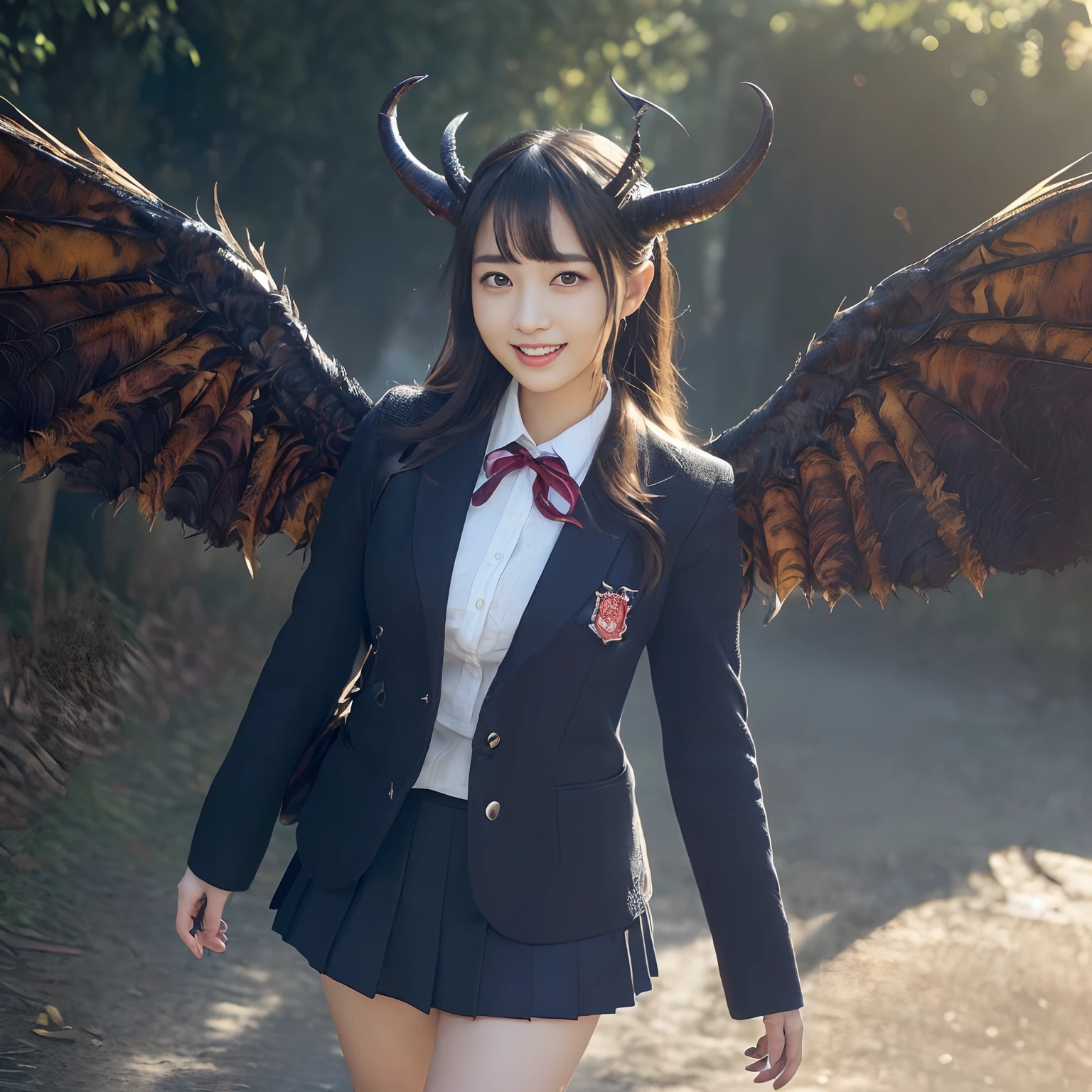 (((masutepiece、top-quality)))((1 schoolgirl、Navy Blazer、Navy skirt、School Navy Blazer、Put on your blazer and unbutton it、unbuttoned blazer、Red ribbon on chest、Take off your shirt and put on your blazer、Navy Blazer Uniform、Navy blazer for uniforms、Blazer on shirt、White shirt and navy blazer、Dark blue pleated skirt))、((Huge and intricate demon wings,Wings with a very elaborate texture,Wings with a very complex texture,Creature wings with a very realistic texture,Wings with the most exquisite texture、Perfectly reproduces the texture of creepy feathers、Very flaky and detailed wing texture、Wings of a terrifying monster,Terrible and ugly wings、The most terrifying wings、Wings with unimaginably complex textures、The most terrifying and creepy wings、Huge, Lumpy devil's horns、Corners of the most complex textures、Photorealistic Devil's Wings、Photorealistic Devil's Horns、The most terrifying devil's wings、Unimaginably terrifying wings、Big Devil's Horn,Realistic and big horns,Very complex and terrifying demon horns、Creepy horns,Horn with a very elaborate texture、Terrible and ugly horns、((The background is the route to school、Walking along the school route surrounded by nature、Walking on the way to school))、8K,An ultra-high picture quality,The most beautiful idol faces,The biggest smile staring at the camera、美丽的面容、Beautiful teeth、natural make up、Natural bright lighting、long、Twin-tailed、A detailed face、Super Detail Wing、Perfect gas chamber、beautiful smiling face、spectacular movie lighting、A slender、large full breasts、bulky, Complex wings
