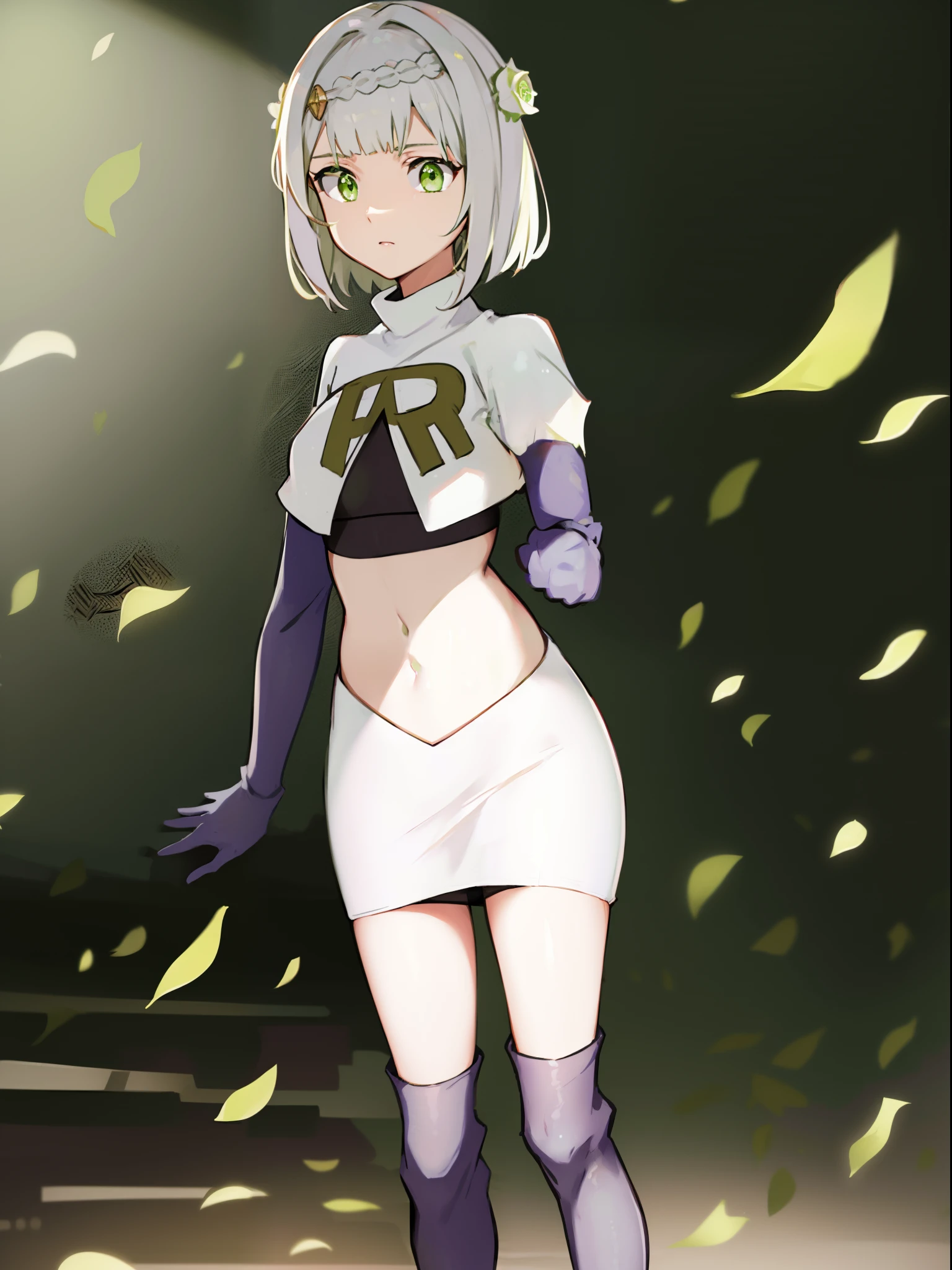 genshinnoelle, noelle, braid, flower, hair flower, hair ornament, short hair, silver hair, (green eyes:1.5),team rocket,team rocket uniform,white skirt,crop top,black thigh-high boots,black elbow gloves,