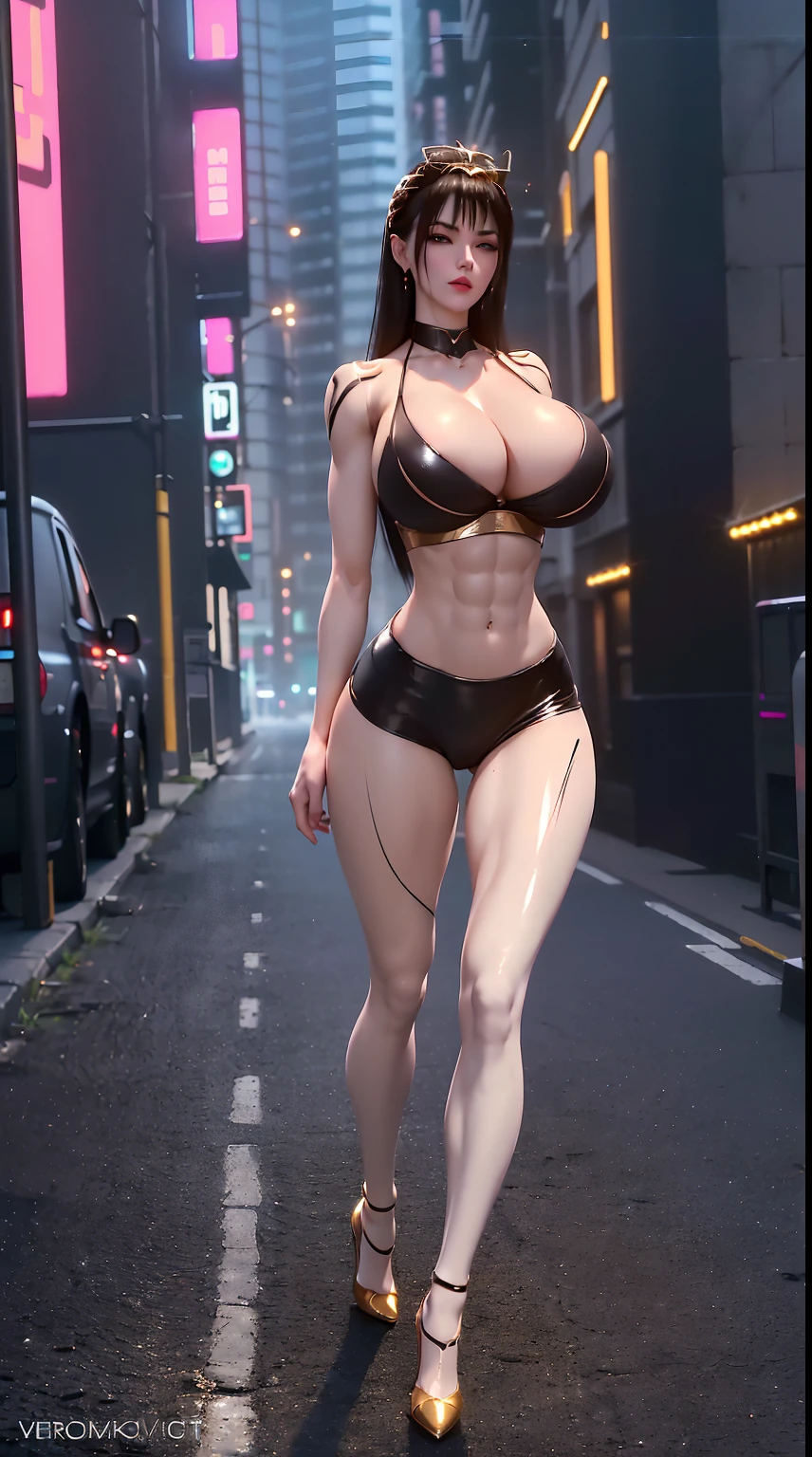 1GIRL, SOLO, HAIR ORNAMENT, (HUGE FAKE BOOBS:1.3), (SKINTIGHT CROP TOP:1.5, CLEAVAGE:1.2), (SKINTIGHT YOGA PANTS, HIGH HEELS:1.2), (SEXY BODY, MUSCLE ABS, LONG LEGS, FULL BODY VIEW:1.5), (LOOKING AT VIEWER:1.5), (WALKING DOWN STREET CYBER NIGHT CITY:1.2), ULTRA HIGHT DEFINITION, 8K, 1080P.