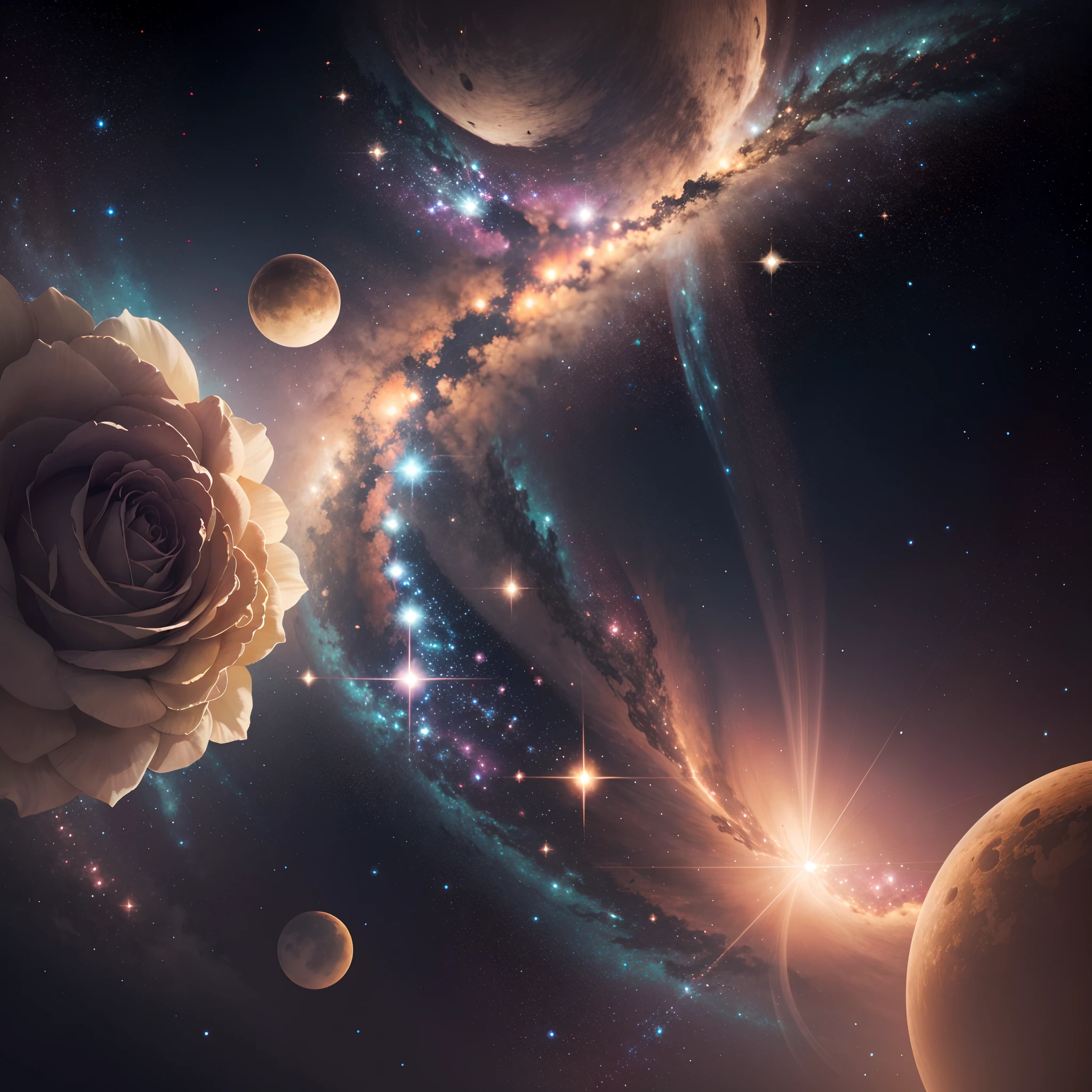 A rose garden floating through space with galaxies in the distance