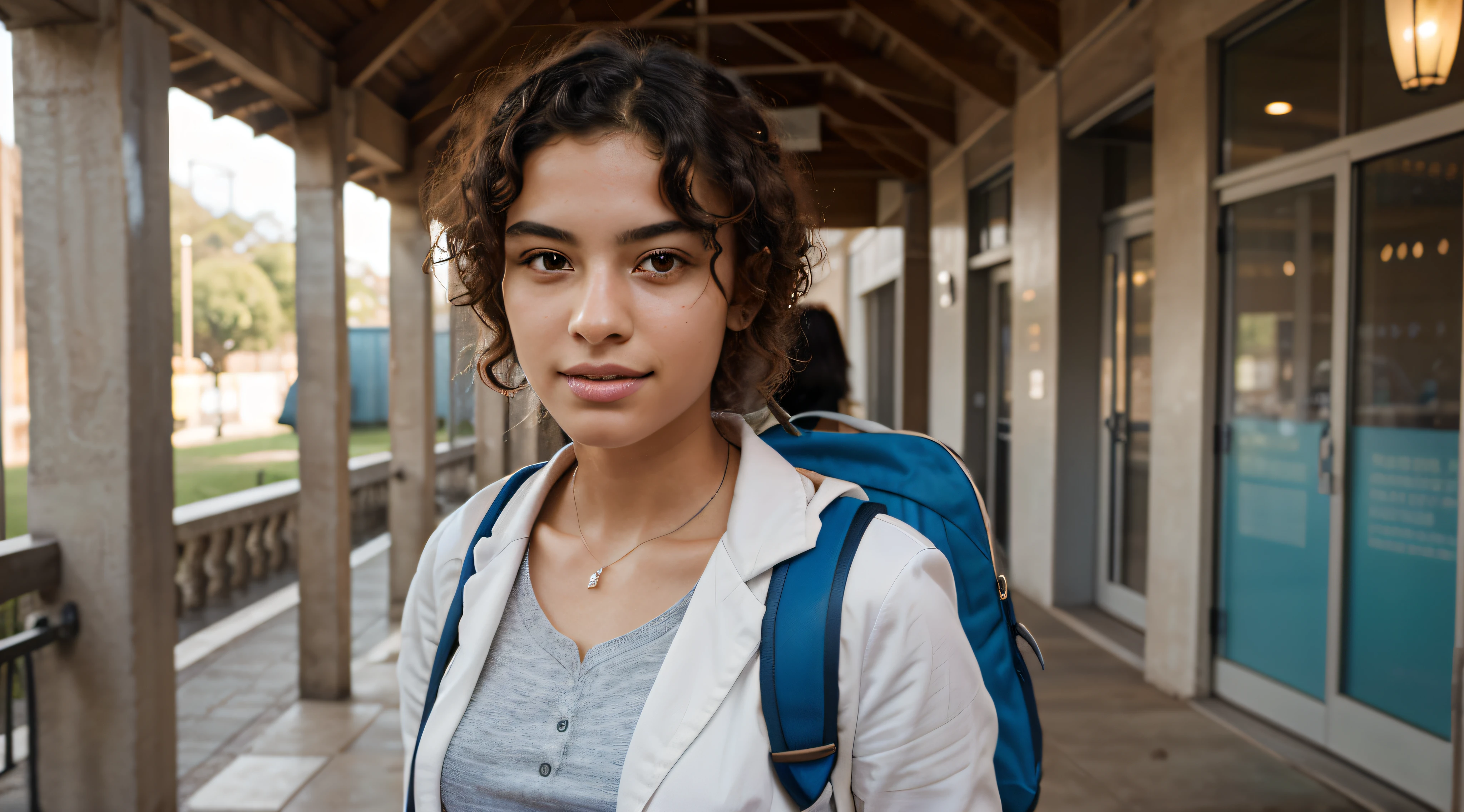 Create a prompt that generates an image of a medical student with Brazilian features. The model should be mulatta, with curly hair, wearing a white coat and a blue backpack on her back. Ensure the inclusion of curly hair, without a stethoscope. Ensure realistic lighting, with white and aligned teeth, and add the university campus in the background of the image to create an authentic environment. Please make the image as realistic as possible.