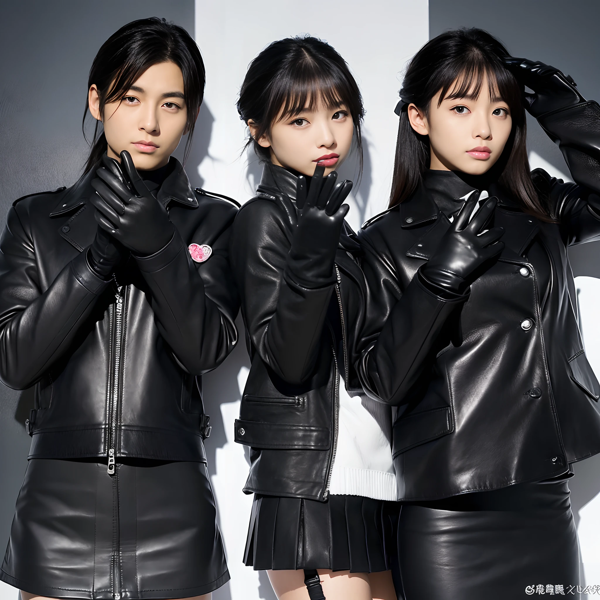 Black leather gloves on both hands、Innocent Japan high school girl　Black Leather Double Rider's Jacket、(Wearing black leather gloves on both hands)、Black Leather Skinny Pants、Black Leather Knee High Long Boots(Wearing black leather gloves on both hands)