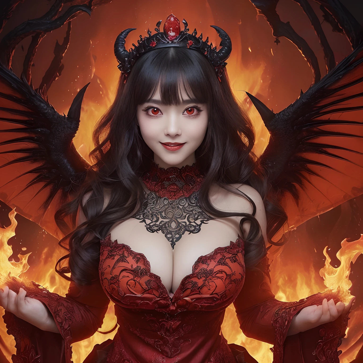 (((masutepiece、top-quality、The most complex and detailed details)))、((((eyes glowing red,Glowing red eyes,Glowing red eyes)))),((A very beautiful demon queen,Luxurious Long Dress Skirt,A detailed face,A large amount of lava flows in the background,Lava flowing in large quantities,Giant Devil Tiara,Big Princess Dresses,Final form as a complete demon,The Devil's Masterpiece,Huge and intricate demon wings,Big Devil's Horn,Realistic and big horns,Creepy horns,Wings with a very elaborate texture,Wings with a very complex texture,Creature wings with a very realistic texture,Wings of a terrifying monster,The most intricate and luxurious gothic dresses,Bright red lipstick,The most gorgeous princesses dress up with achievements,The most beautiful princesses in the world,Spooky and beautiful demons,The cutest face,Intricate and solemn black dress,The background is intricate and detailed volcanic lava, beautiful smiling face、Evil and beautiful demon,The most majestic appearance of the Demon Queen,Huge Queen Tiara,The most complex depictions of demons,Accurate reproduction of perfect demonic details,The appearance of an unimaginably gorgeous demon,The unimaginably huge and beautiful appearance of the demon)),((Lava erupts violently,Lava splashes,Glowing lava,Sea of lava,lava river,Lava flowing out in large quantities,Stand in the crater of a volcano,Realistic and complex lava)),((Most beautiful face,Half Japan and half Spanish,The happiest smile,Beautiful wavy hair,The most luxurious and intricate dresses,The biggest smile staring at the camera)),,Chest that seems to burst,A dress that tightens the waist,Slimed,Colossal tits,Emphasize body lines,Giant wings of the devil,masutepiece,8K,very intricate,ultra-detailliert