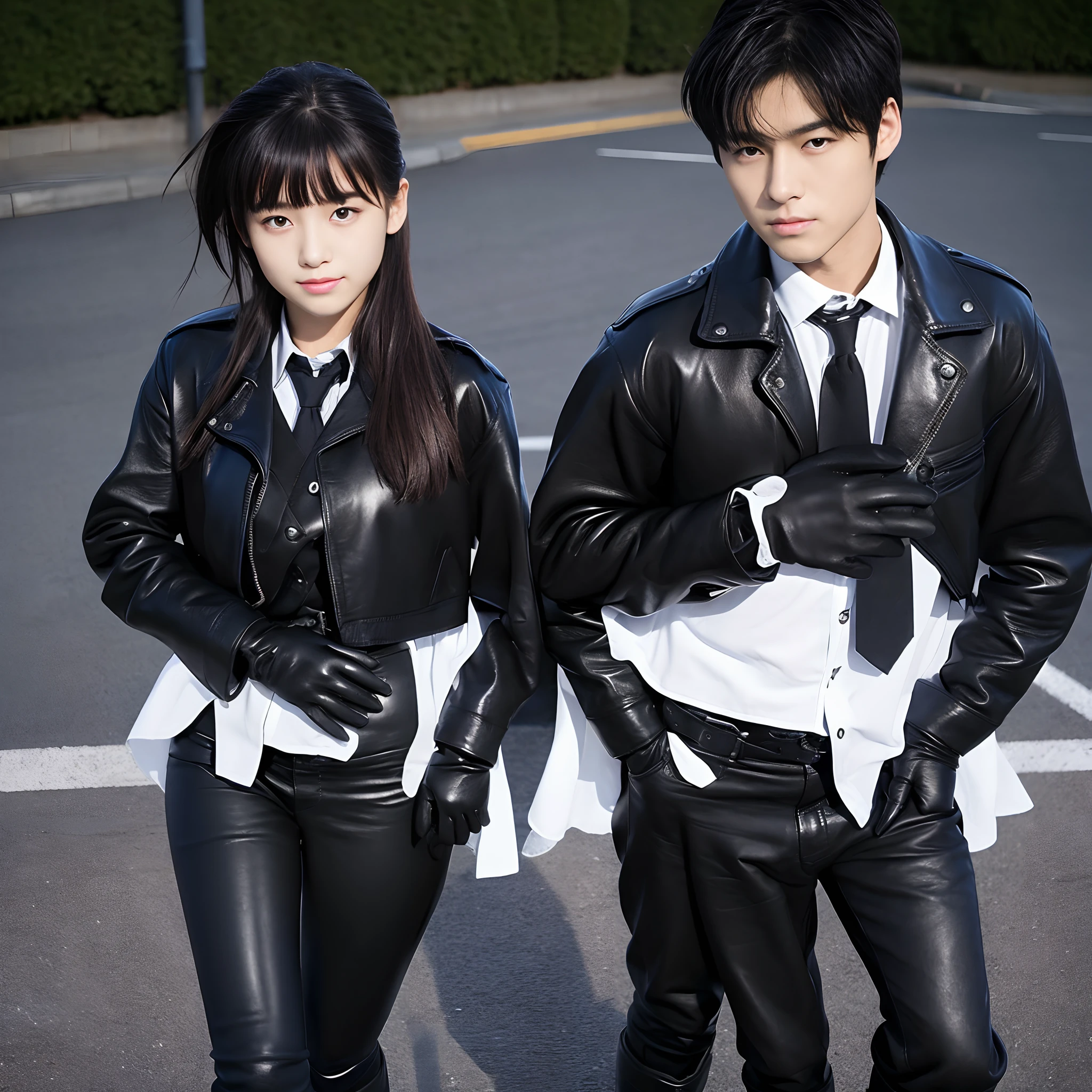 Black leather gloves on both hands、Innocent Japan high school girl　Black Leather Double Rider's Jacket、(Wearing black leather gloves on both hands)、Black Leather Skinny Pants、Black Leather Knee High Long Boots(Wearing black leather gloves on both hands)