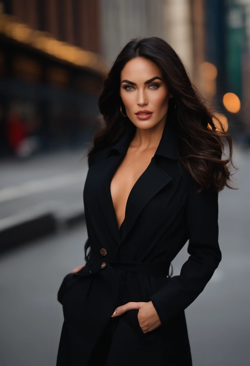 Arabic features woman in black trench coat, gabardina negra, pelo recogido, pelo coletas, peinado coletas, cuerpo y rostro perfectos, Retrato megan fox, Rostro y cuerpo perfectos, cuerpo perfecto, life style, Cuerpo atractivo, hermoso cuerpo y cara, Modelo con cuerpo atractivo, ciudad de fondo, new york, new york, sesion de fotos en new york