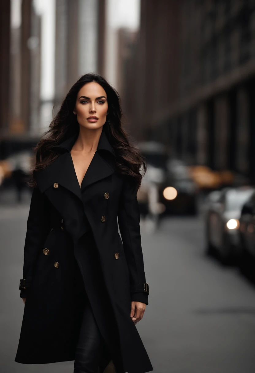 Arabic features woman in black trench coat, gabardina negra, pelo recogido, pelo coletas, peinado coletas, cuerpo y rostro perfectos, Retrato megan fox, Rostro y cuerpo perfectos, cuerpo perfecto, life style, Cuerpo atractivo, hermoso cuerpo y cara, Modelo con cuerpo atractivo, ciudad de fondo, new york, new york, sesion de fotos en new york