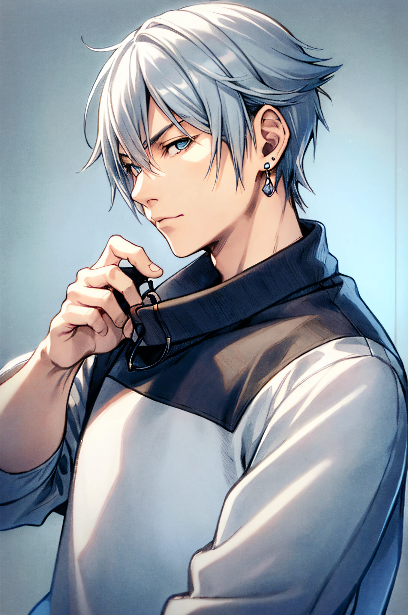 nomura tetsuya, masterpiece, best quality, 1boy, aqua eyes, cat ears, white hair, closed mouth, earrings, jewelry, looking at viewer, shirt, simple background, solo, male focus, official art, solo, white background, 2d art, hand drawn nomura_tetsuya_offset