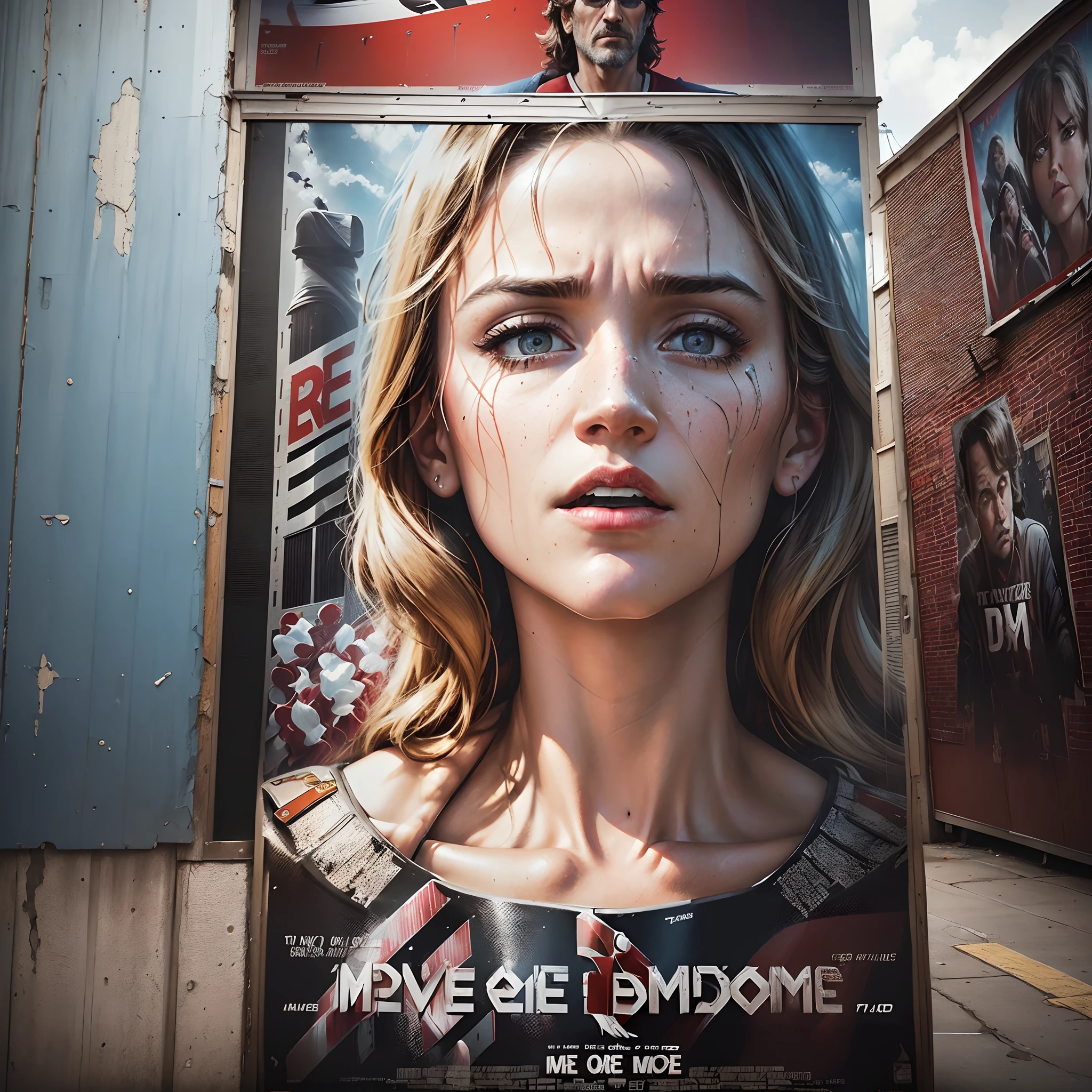 The façade of a movie theater，(There is a large movie poster hanging:1.8),(tmasterpiece,filmposter:1.4),Highest quality，Highest detail