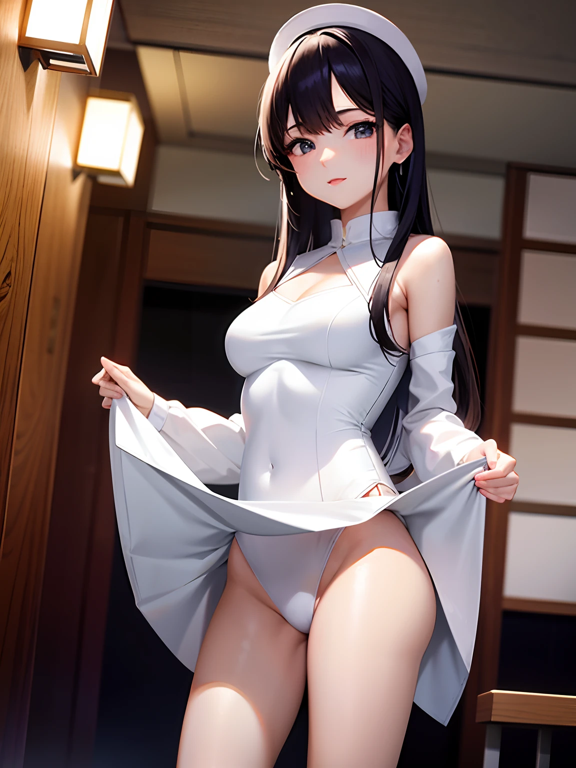 Arafe woman in white underwear wearing white shirt, a japanese girl, Smooth white tight clothes suit, gorgeous  japanese model, Gorgeous young Japan woman, wearing white outfit, white skirt and barechest, wearing white skirt, beautiful japanese female, white silky outfit, smooth translucent white skin, milky skin, Beautiful young Japan woman, wearing white leotard, goddess of Japan