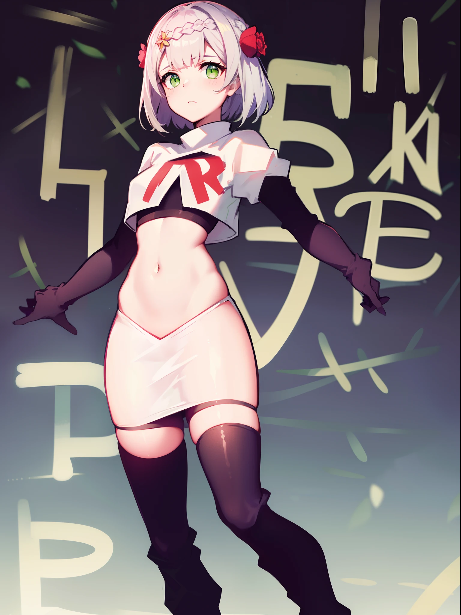 genshinnoelle, noelle, braid, flower, hair flower, hair ornament, short hair, silver hair, (green eyes:1.5),team rocket,team rocket uniform,white skirt,crop top,black thigh-high boots,black elbow gloves,