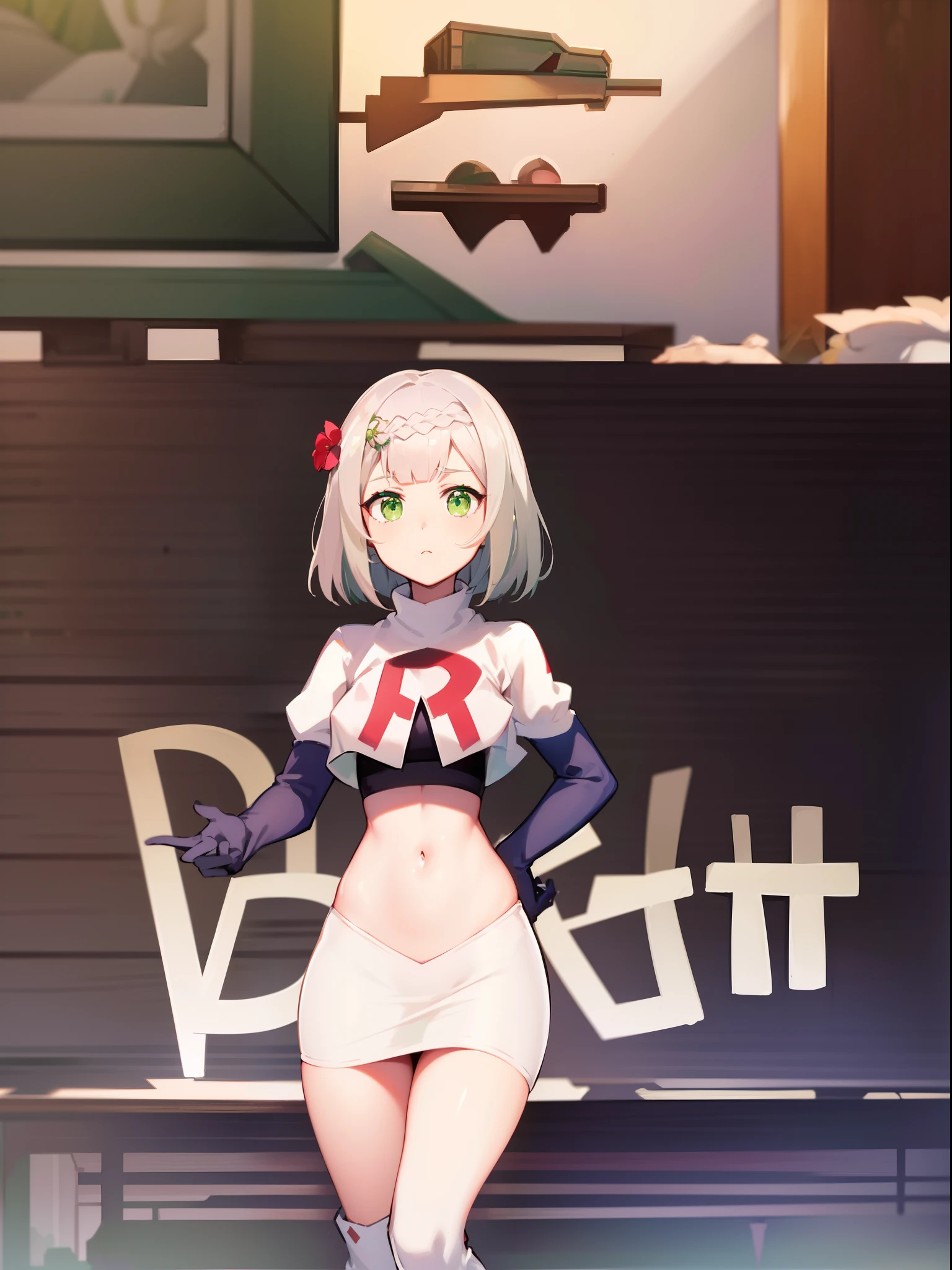 genshinnoelle, noelle, braid, flower, hair flower, hair ornament, short hair, silver hair, (green eyes:1.5),team rocket,team rocket uniform,white skirt,crop top,black thigh-high boots,black elbow gloves,