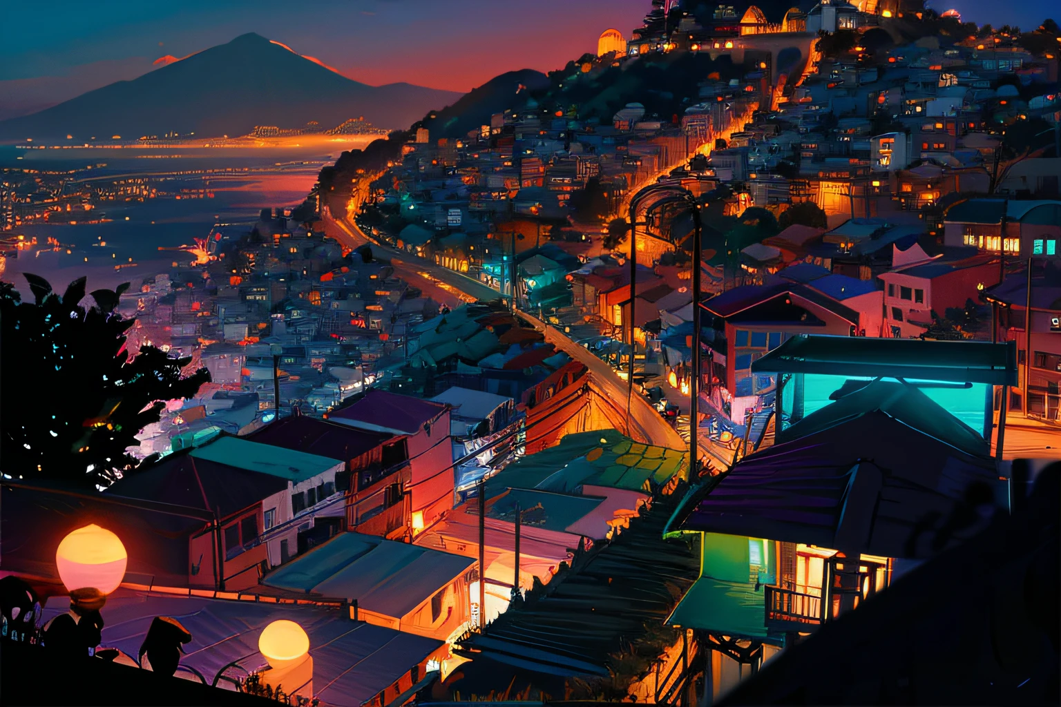 A city lit up at night with a mountain in the background, favela futurista, um ambiente de favela opulento, favela, favelas, Sci - Escultura de Favela de Fi:, cidade colorida, rio de janeiro favela, cores do bipe, Favelas no Rio, beeple global illumination, Location ( favela ), lindas luzes coloridas