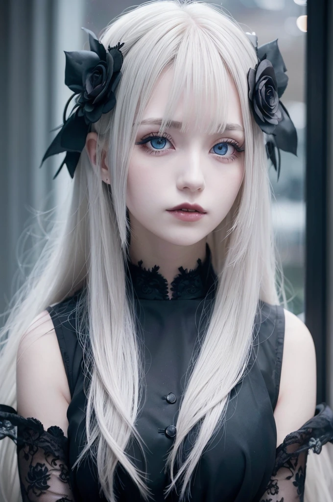portrait of a cute girl, blonde, grey eyes, 25 years old, gothic clothes, (subdued moonlight, backlighting, blurred night city landscape behind the window:1.1), 8k, extremely detailed face and eyes, emotionless face, (pale skin, gothic make-up:1.15)