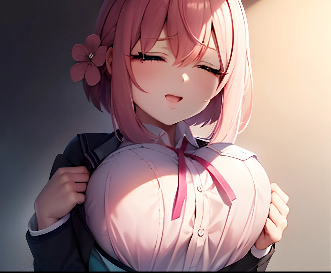 Embarrassment，hi-school girl，A pink-haired，Navy jacket，white  shirt，Being on the roof of a school，exposing her big breasts，closing eye，Trance，Pink bra shows through，Blackboard in background，