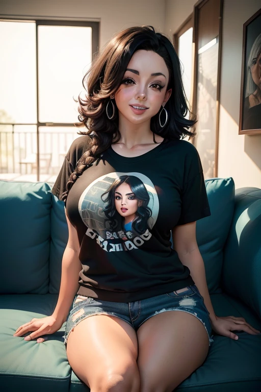 Jayden Jaymes, retrato, Cabello granate, Retrato de cara, Mujer gordita, Cabello atado con un clip, pelo corto, camiseta azul, escote, ((Sudadera negra sobre camiseta)), vaqueros, sonriente.