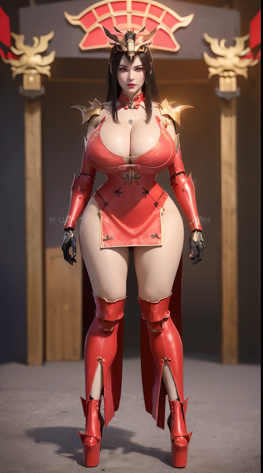 (1GIRL), (dark_hair), (DRAGON HEAD:1.2), (BIG BUTTOCKS, CLEAVAGE, GIGANTIC FAKE BOOBS:1.5), (PHOENIX MECHA GUARD ARM, GLOVES:1.3), ((RED MECHA QIPAO DRESS, GUARD ARMOR LEGS, BLACK HIGH HEELS:1.5)), (WET MUSCULAR BODY, SEXY LONG LEGS, FULL BODY:1.3), (MUSCLE ABS:1.2), (LOOKING AT VIEWER:1.2), (WALKING DOWN HALLWAY OF FUTURISTIC SPACE STATION, BRIGHT LIGHTING:1), PHYSICALLY-BASED RENDERING, ULTRA HIGHT DEFINITION, 16K, 1080P.