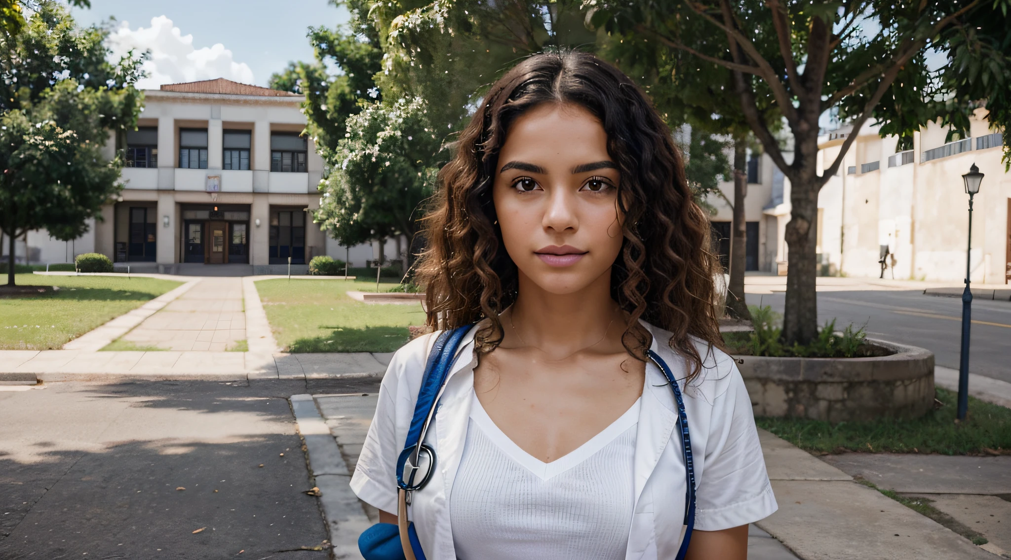 Create a prompt that generates an image of a medical student with Brazilian features. O modelo deve ser mulatta, com cabelos cacheados, vestindo um casaco branco e uma mochila azul nas costas. Ensure the inclusion of curly hair, without stethoscope. Ensure Realistic Lighting, com dentes brancos e alinhados, and add the university campus in the background of the image to create an authentic environment. Por favor, Make the image as realistic as possible.