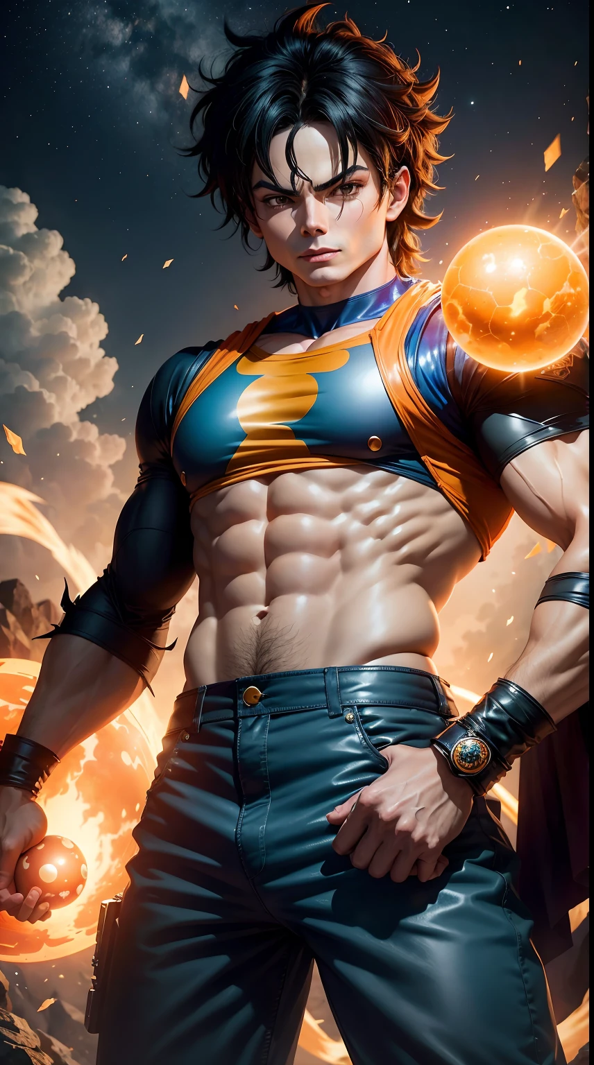 Michael Jackson como Goku, extremamente realista, 8k, holding a dragon ball, uma esfera laranjada com estrelas no centro,