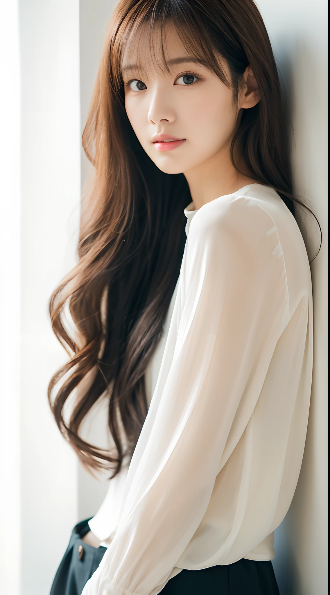 ((masterpiece,top-quality)), (photographrealistic:1.4),((masutepiece,8K)),hight resolution,Studio Soft Light, Rim Lights, vibrant detail, realistic skin textures,Japanese, 1 beautiful woman, long Hair, wave hair, faint thin bangs, make - up, 36 years old, Detailed skin, long-sleeve tunic blouse, wide-leg pants, Standing, White background, White Room,white walls, fully body photolooking at viewer